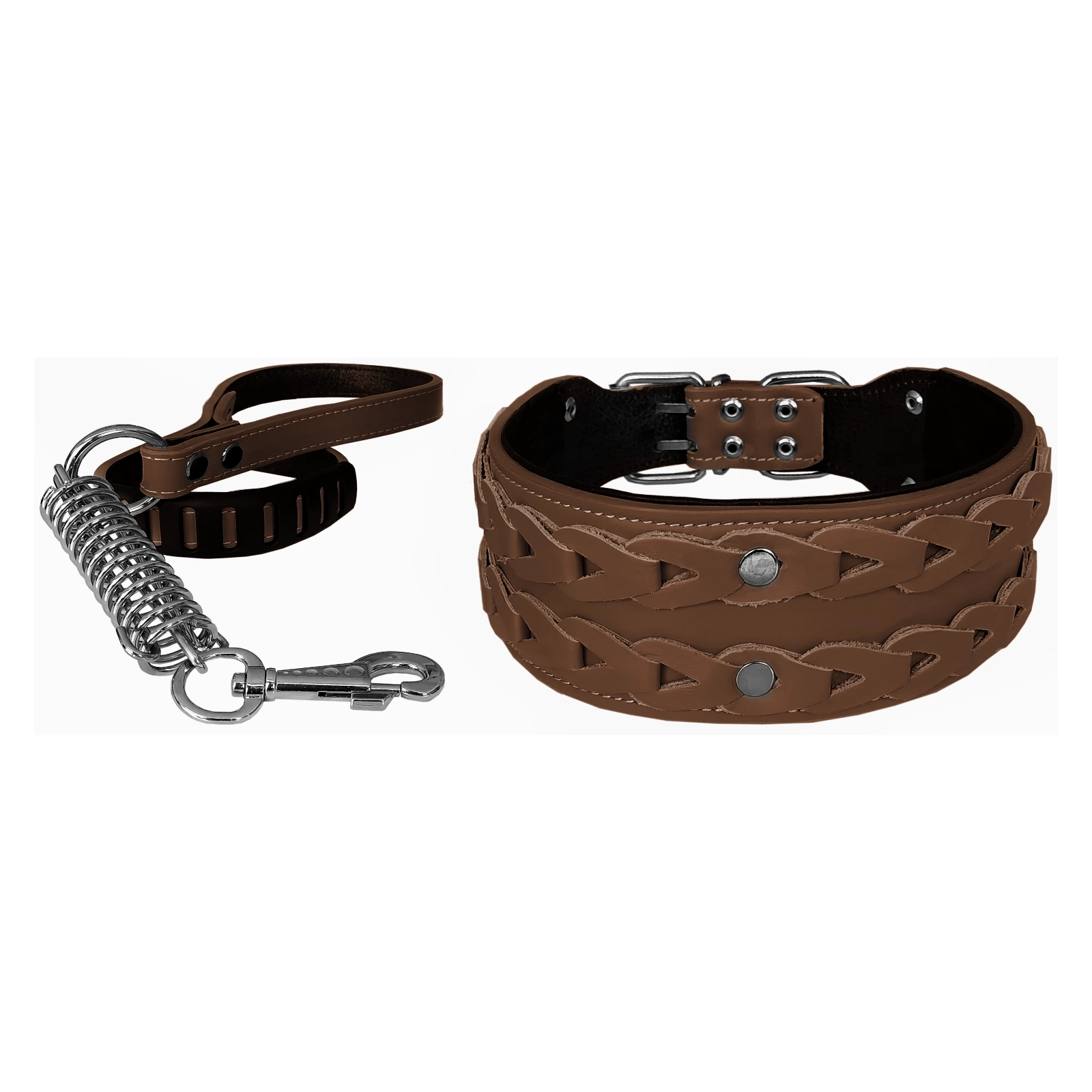 Deri İşlemeli Lüks Köpek Tasma Seti XL 7 cm*60-68 cm Kahverengi