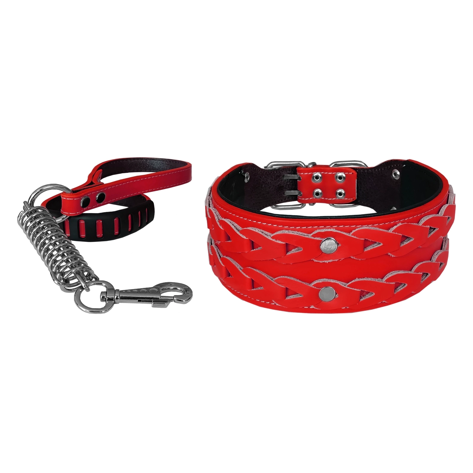 Deri İşlemeli Lüks Köpek Tasma Seti XL 7 cm*60-68 cm Kırmızı