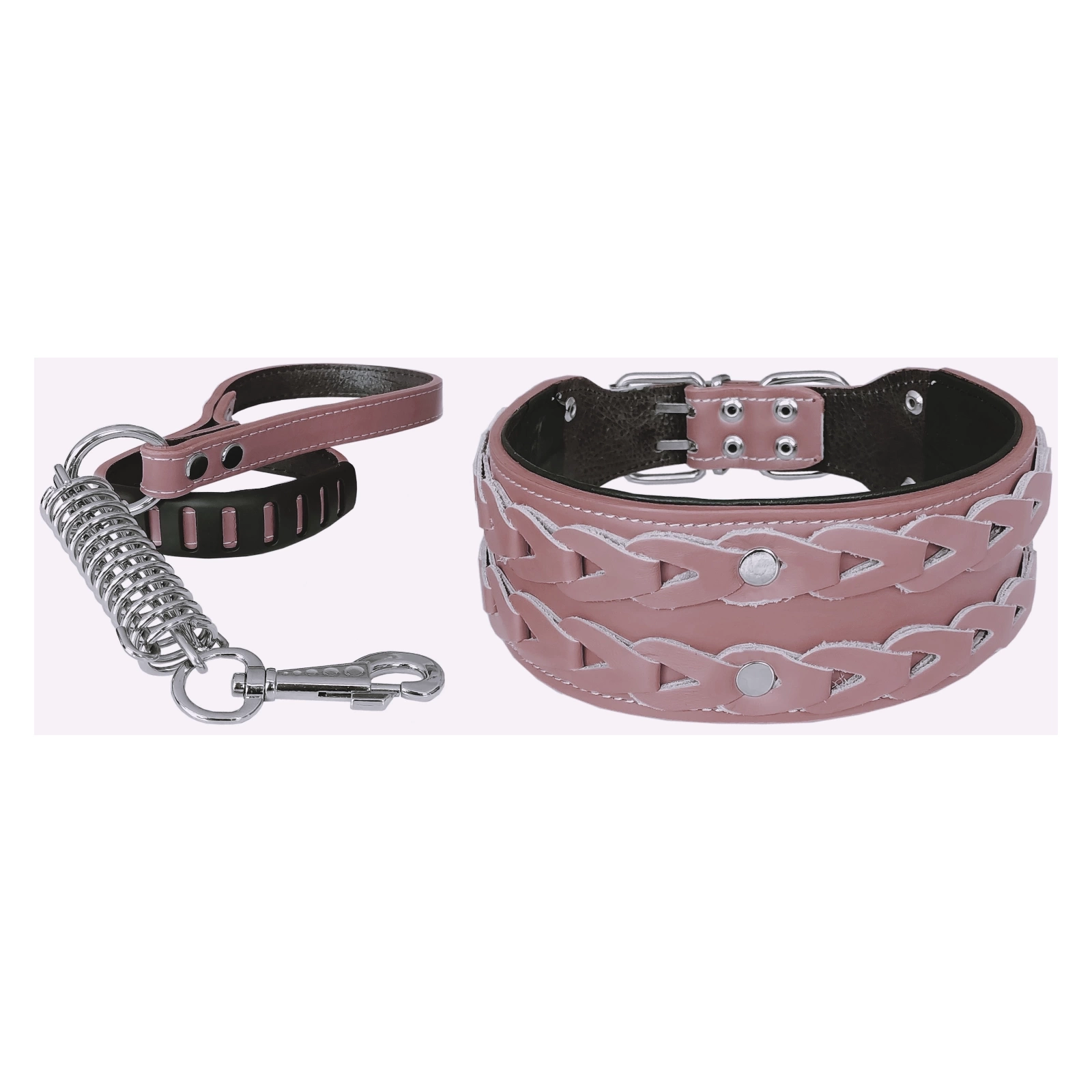 Deri İşlemeli Lüks Köpek Tasma Seti XL 7 cm*60-68 cm Pudra