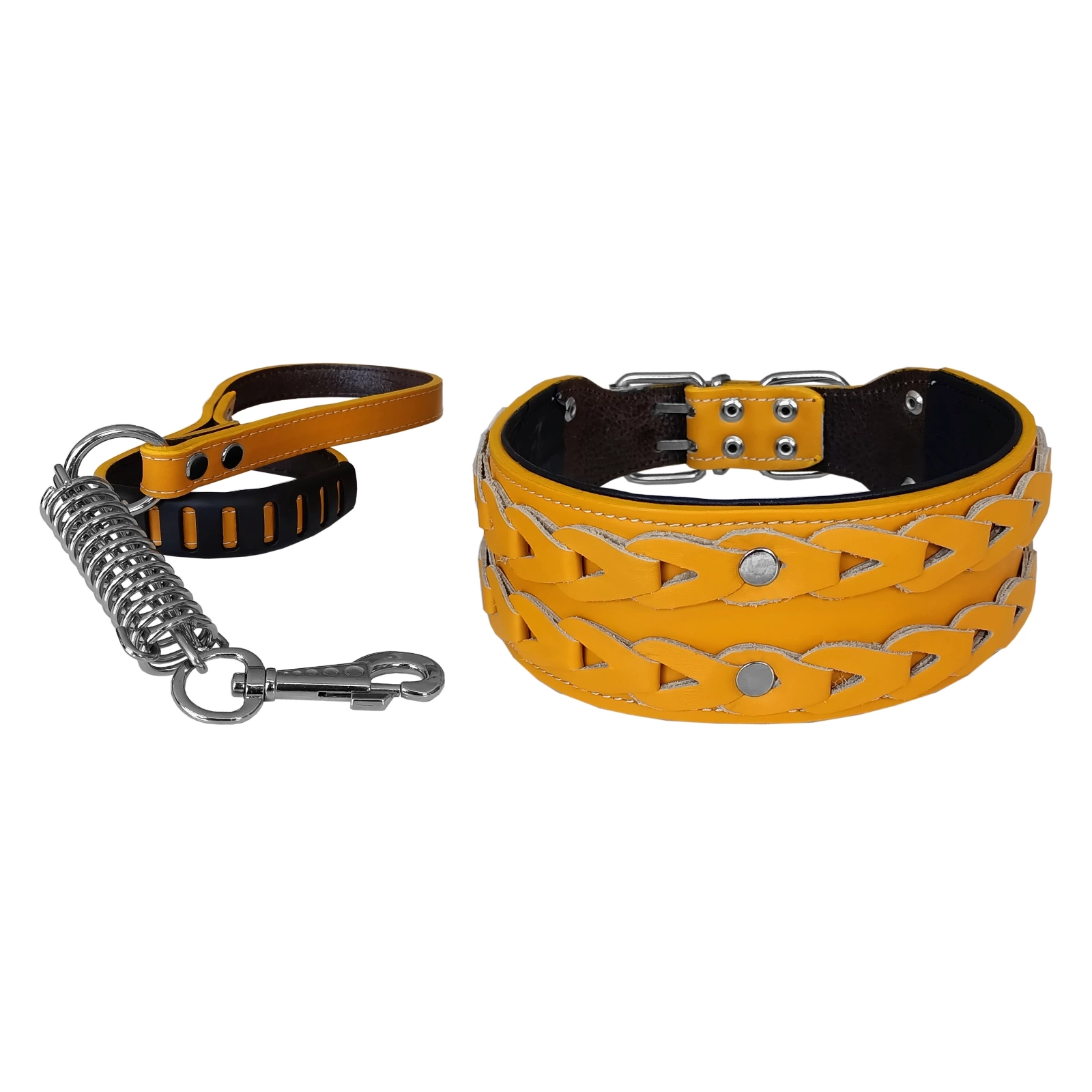 Deri İşlemeli Lüks Köpek Tasma Seti XL 7 cm*60-68 cm Sarı
