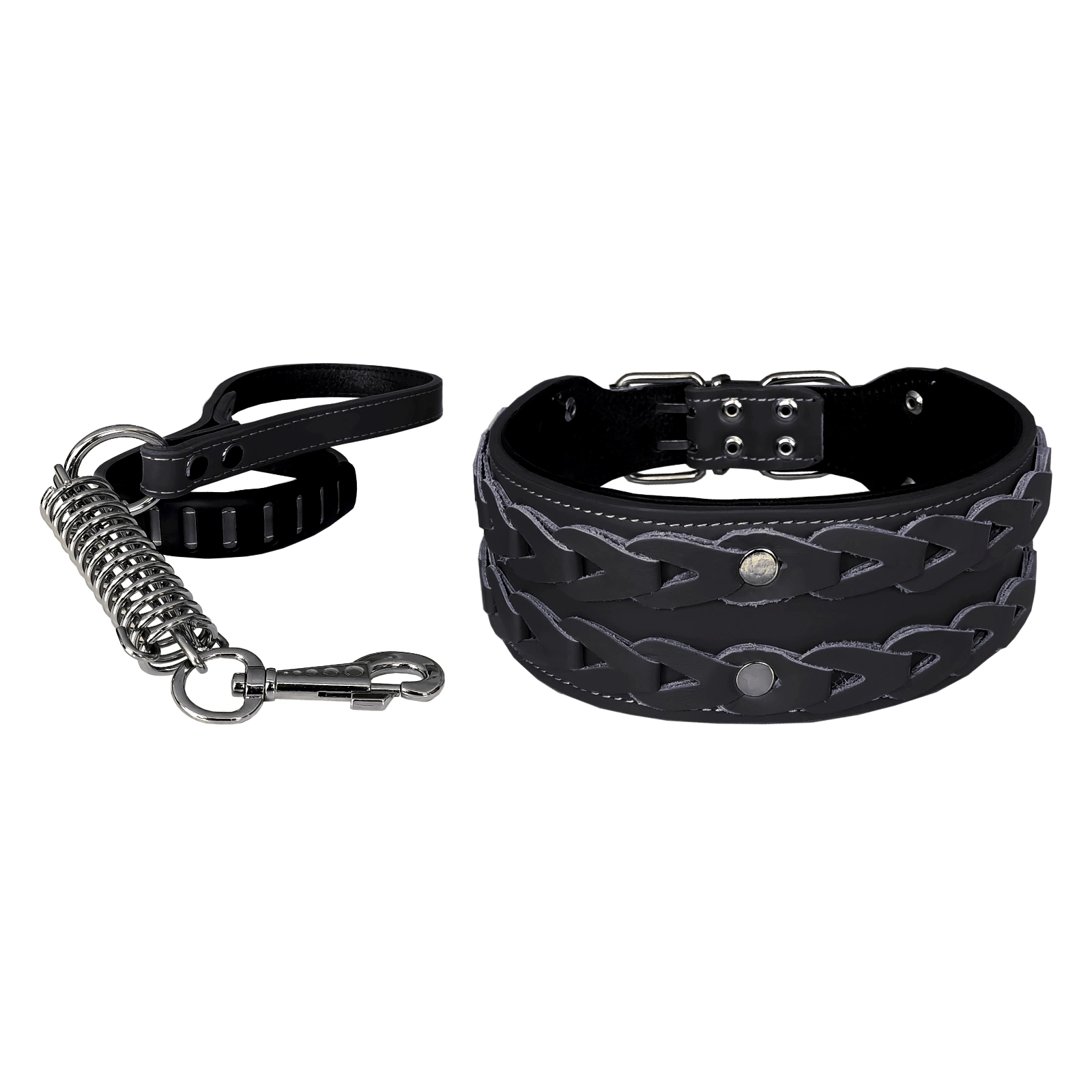 Deri İşlemeli Lüks Köpek Tasma Seti XL 7 cm*60-68 cm Siyah