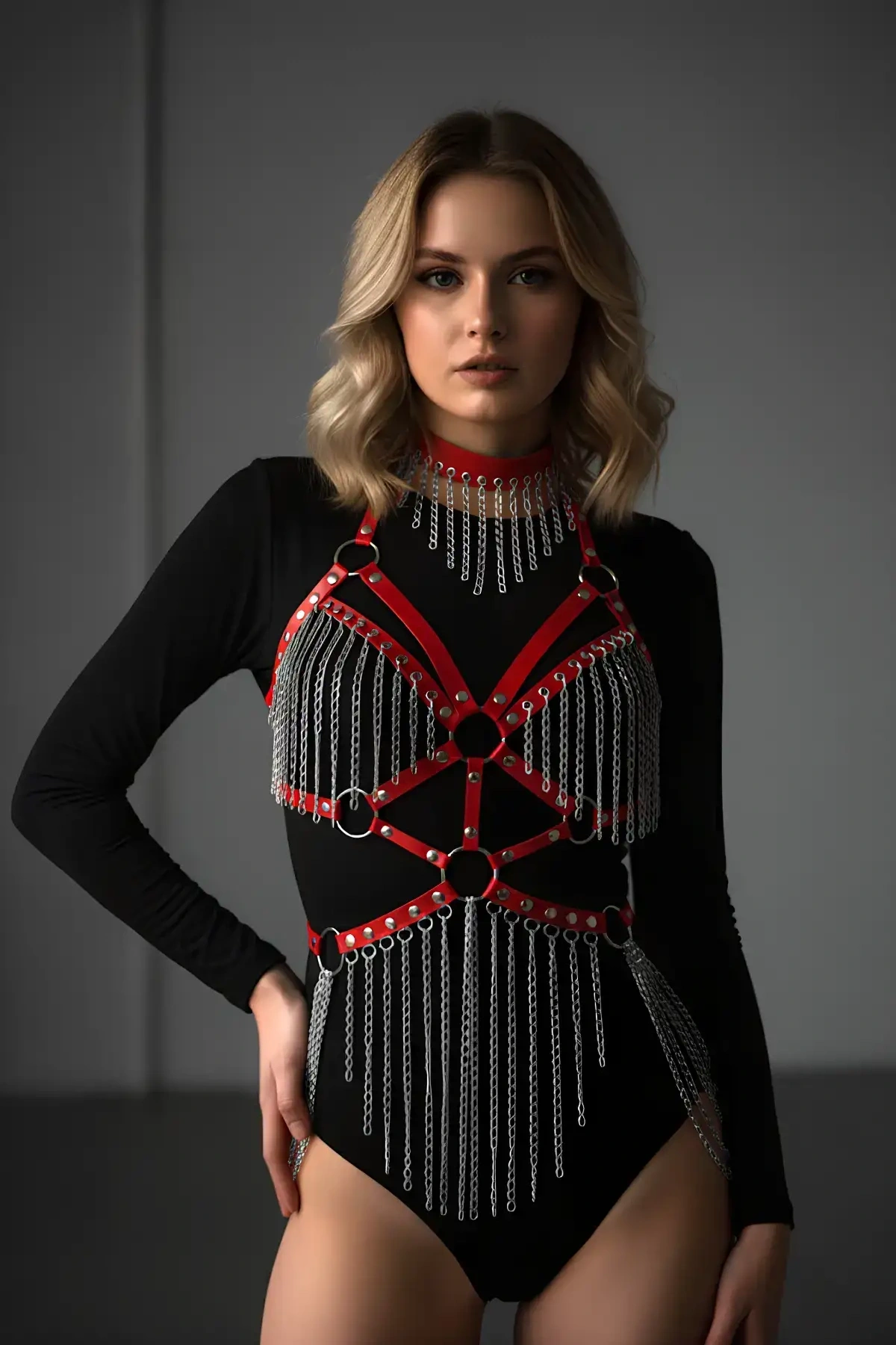 Deri Ve Zincir Detaylı Harness Takım, Deri Dansçı Kostüm, Choker Detaylı Deri Harness - Brf1397