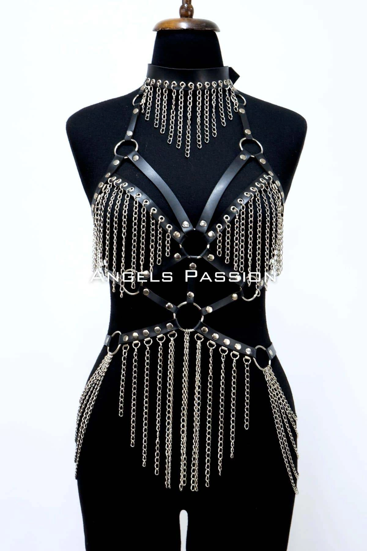 Deri Ve Zincir Detaylı Harness Takım, Deri Dansçı Kostüm, Choker Detaylı Deri Harness - Brf1397