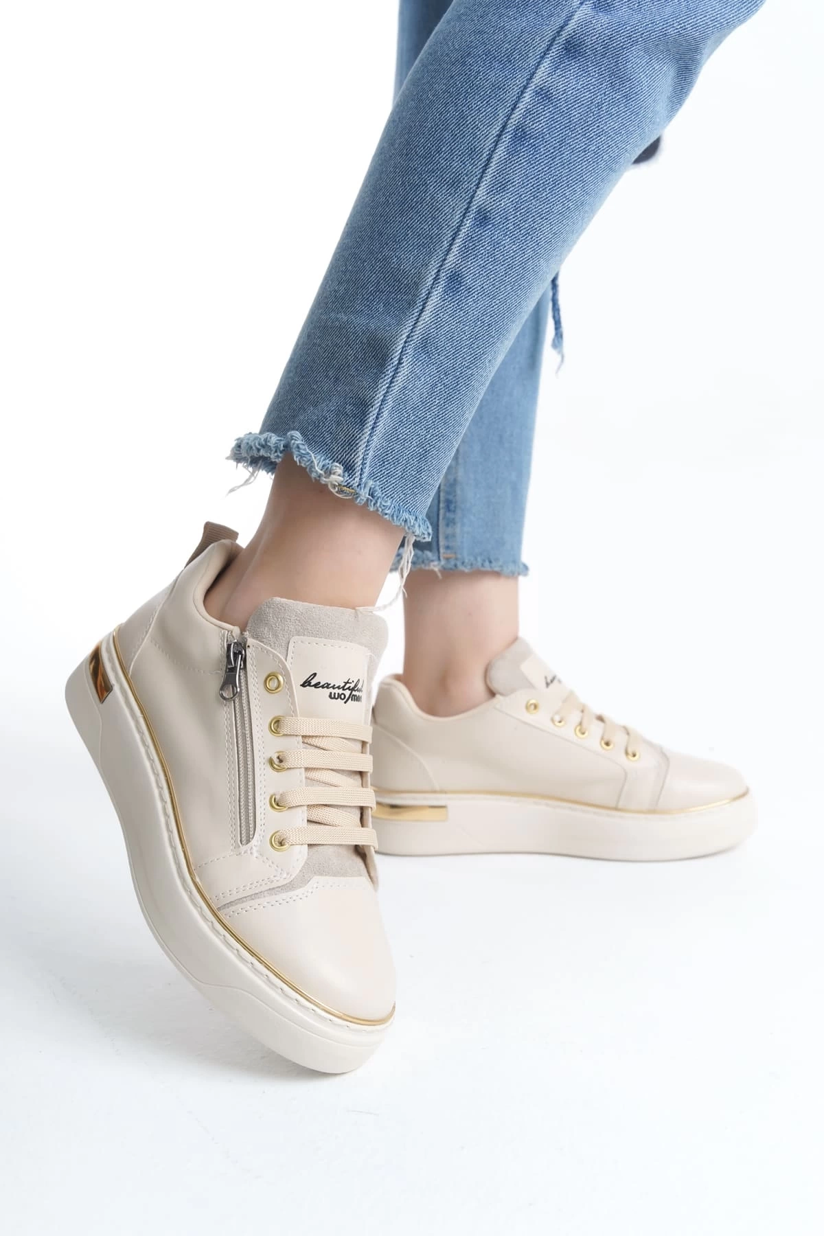 DINA Bağcıklı Fermuarlı Ortopedik Taban Kadın Sneaker Spor Ayakkabı  KT - Krem/Altın