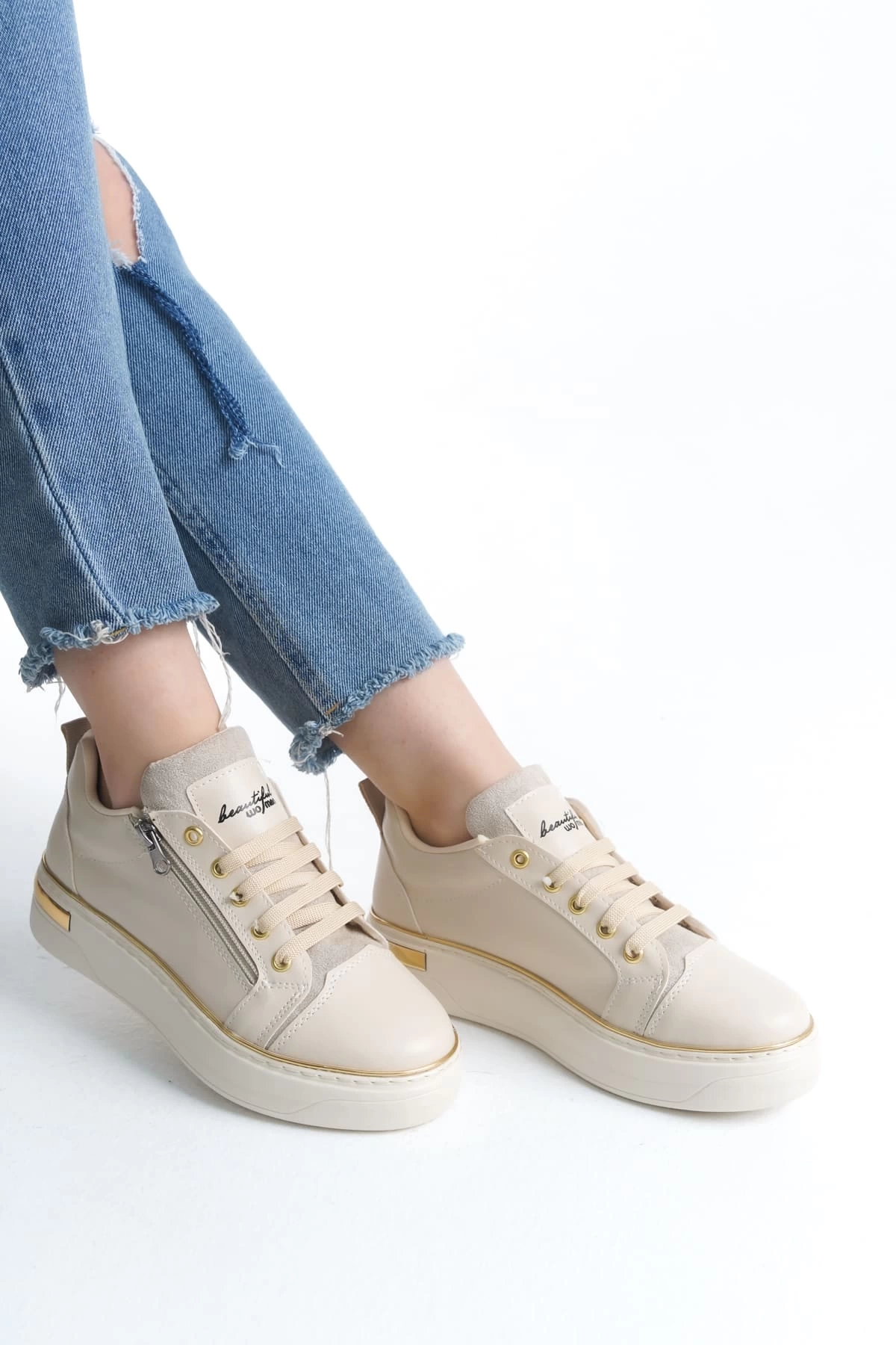 DINA Bağcıklı Fermuarlı Ortopedik Taban Kadın Sneaker Spor Ayakkabı  KT - Krem/Altın