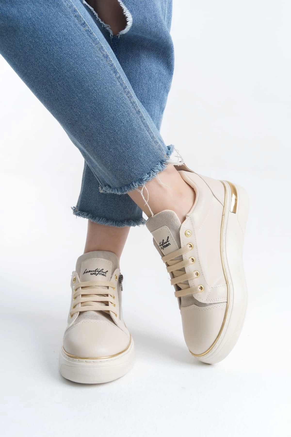 DINA Bağcıklı Fermuarlı Ortopedik Taban Kadın Sneaker Spor Ayakkabı  KT - Krem/Altın