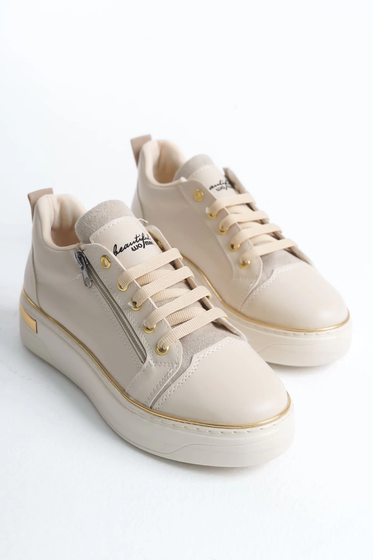 DINA Bağcıklı Fermuarlı Ortopedik Taban Kadın Sneaker Spor Ayakkabı  KT - Krem/Altın