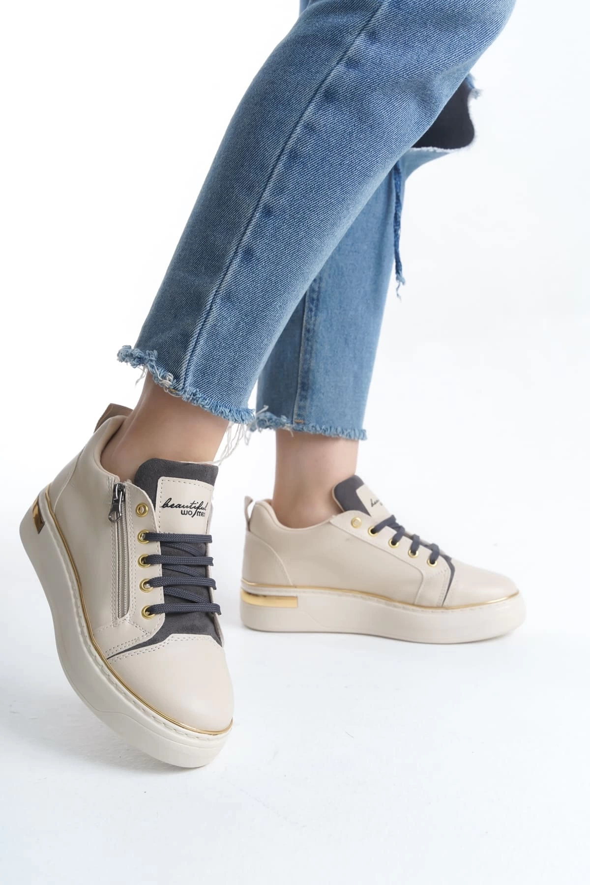 DINA Bağcıklı Fermuarlı Ortopedik Taban Kadın Sneaker Spor Ayakkabı  KT - Krem/Gri/Altın