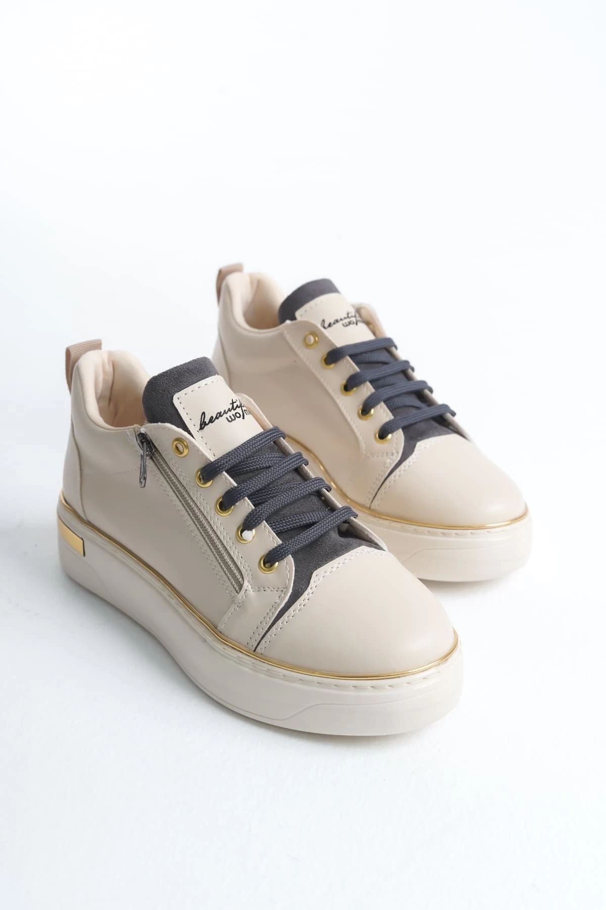 DINA Bağcıklı Fermuarlı Ortopedik Taban Kadın Sneaker Spor Ayakkabı  KT - Krem/Gri/Altın
