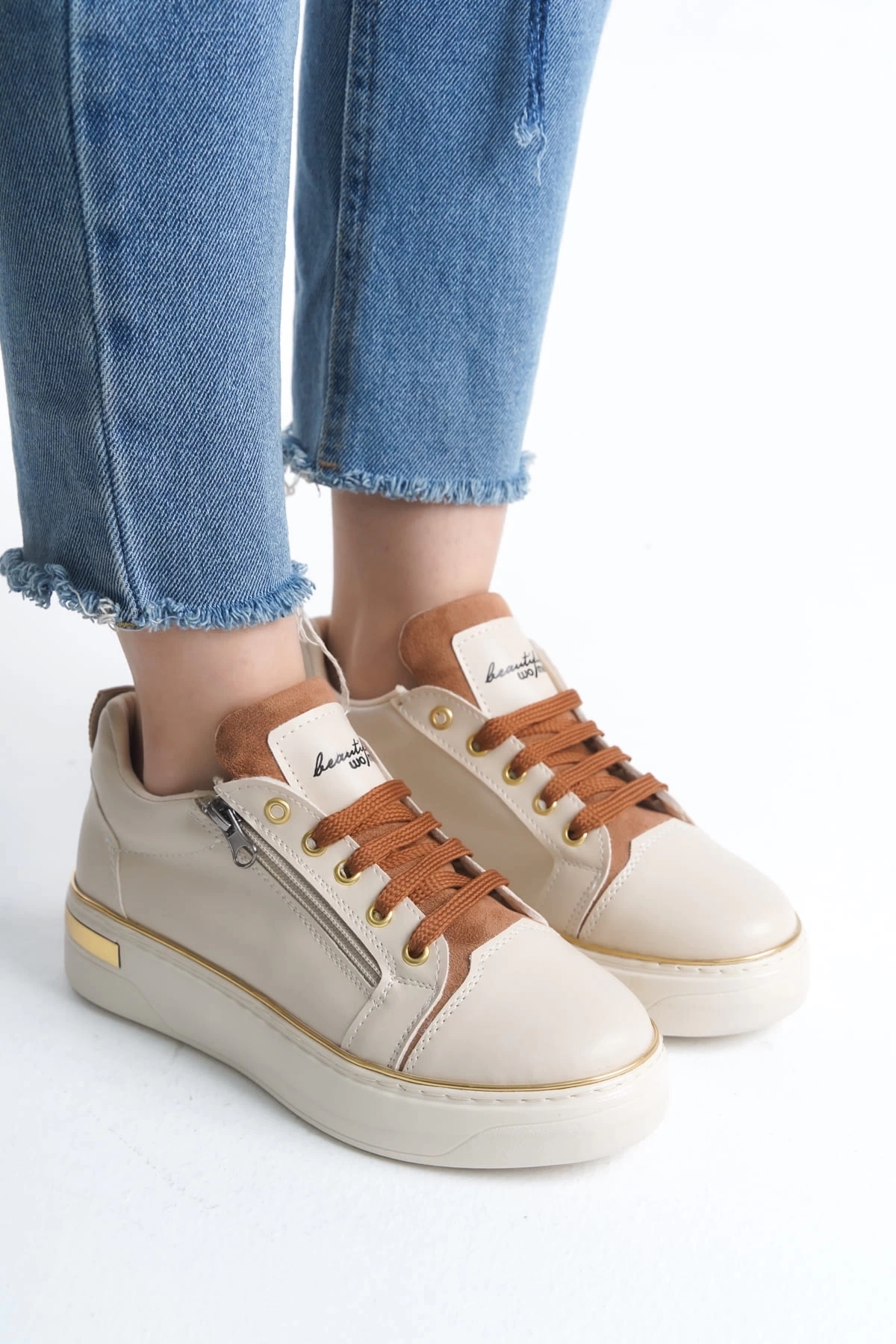 DINA Bağcıklı Fermuarlı Ortopedik Taban Kadın Sneaker Spor Ayakkabı  KT - Krem/Taba/Altın