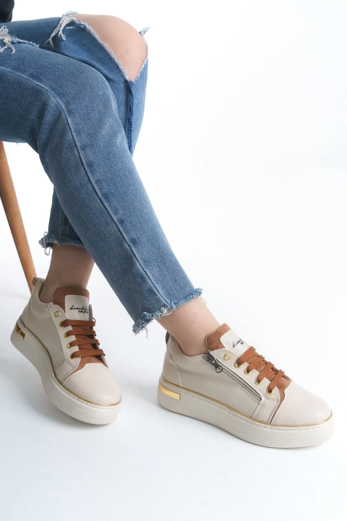 DINA Bağcıklı Fermuarlı Ortopedik Taban Kadın Sneaker Spor Ayakkabı  KT - Krem/Taba/Altın
