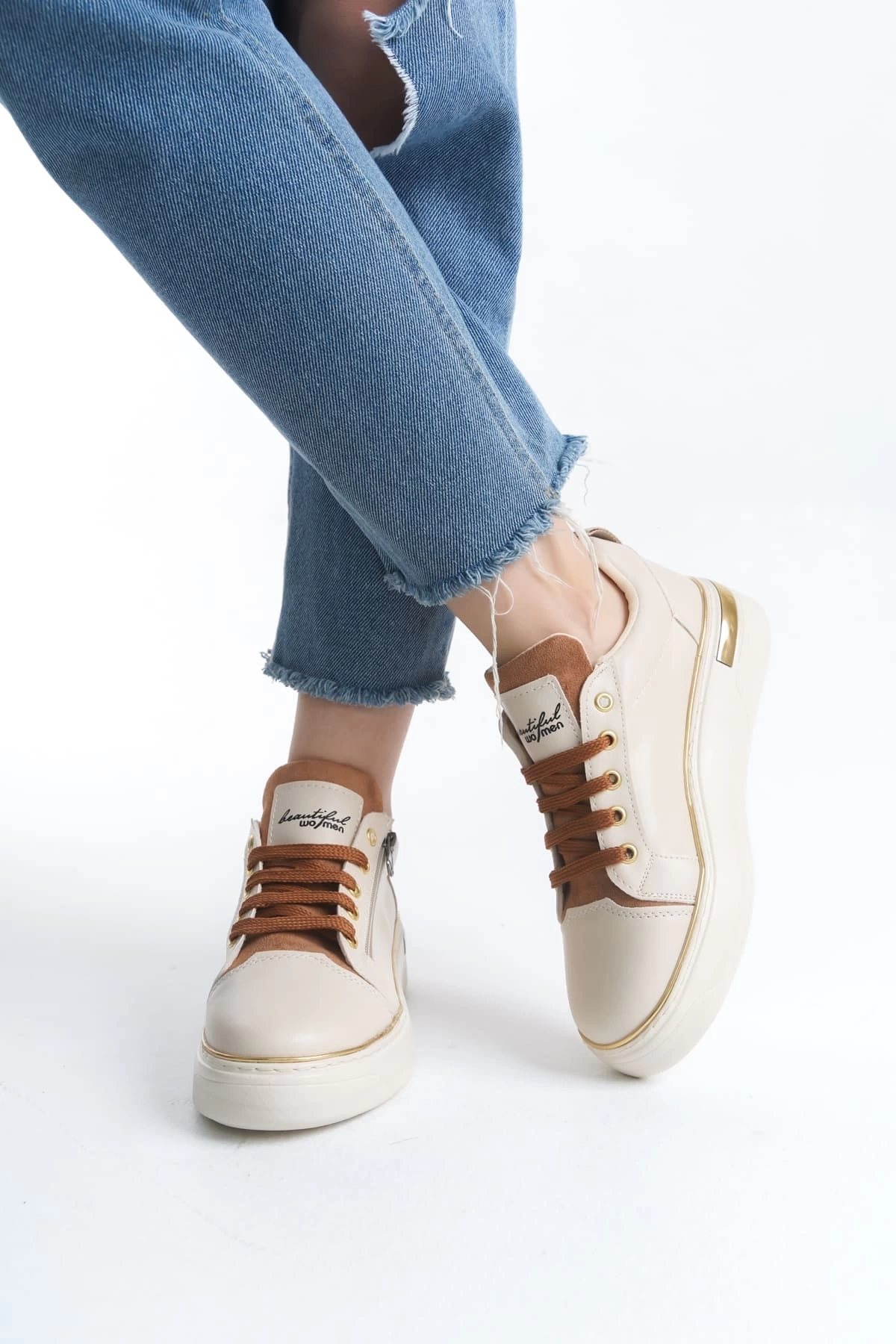 DINA Bağcıklı Fermuarlı Ortopedik Taban Kadın Sneaker Spor Ayakkabı  KT - Krem/Taba/Altın