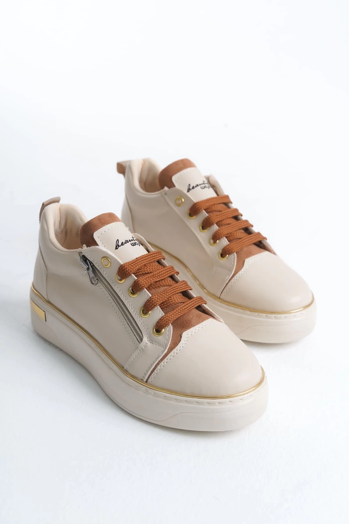 DINA Bağcıklı Fermuarlı Ortopedik Taban Kadın Sneaker Spor Ayakkabı  KT - Krem/Taba/Altın