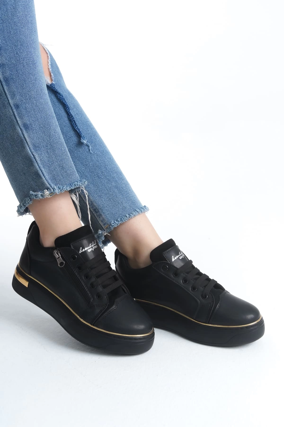 DINA Bağcıklı Fermuarlı Ortopedik Taban Kadın Sneaker Spor Ayakkabı  ST - Siyah/Altın
