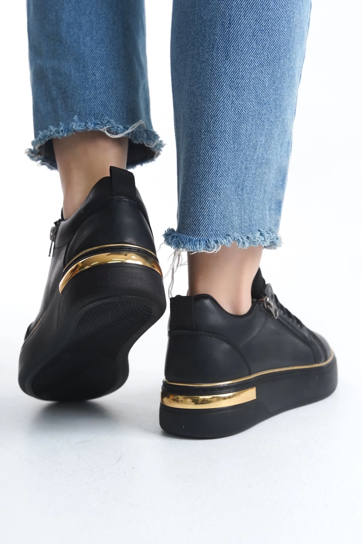 DINA Bağcıklı Fermuarlı Ortopedik Taban Kadın Sneaker Spor Ayakkabı  ST - Siyah/Altın