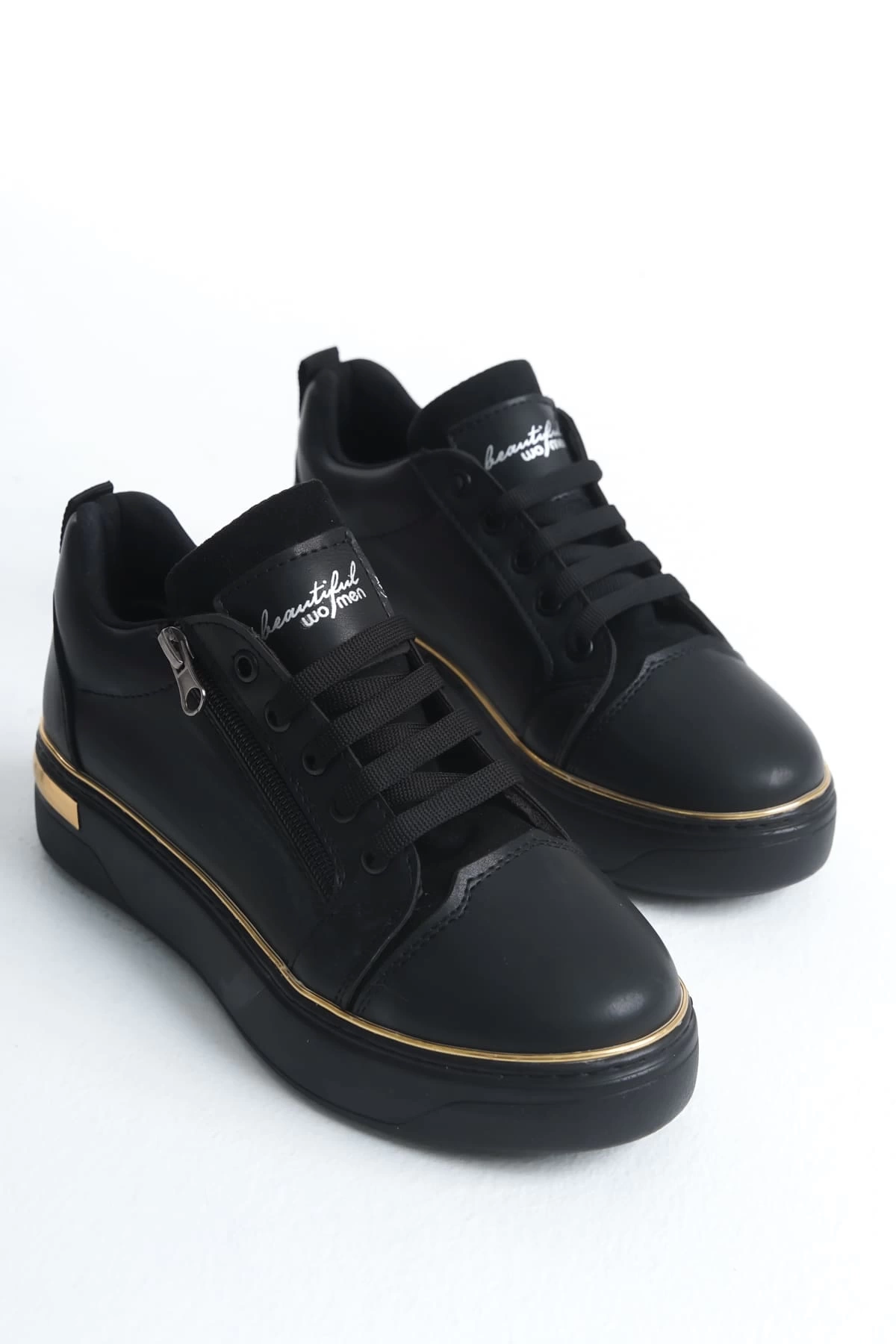 DINA Bağcıklı Fermuarlı Ortopedik Taban Kadın Sneaker Spor Ayakkabı  ST - Siyah/Altın