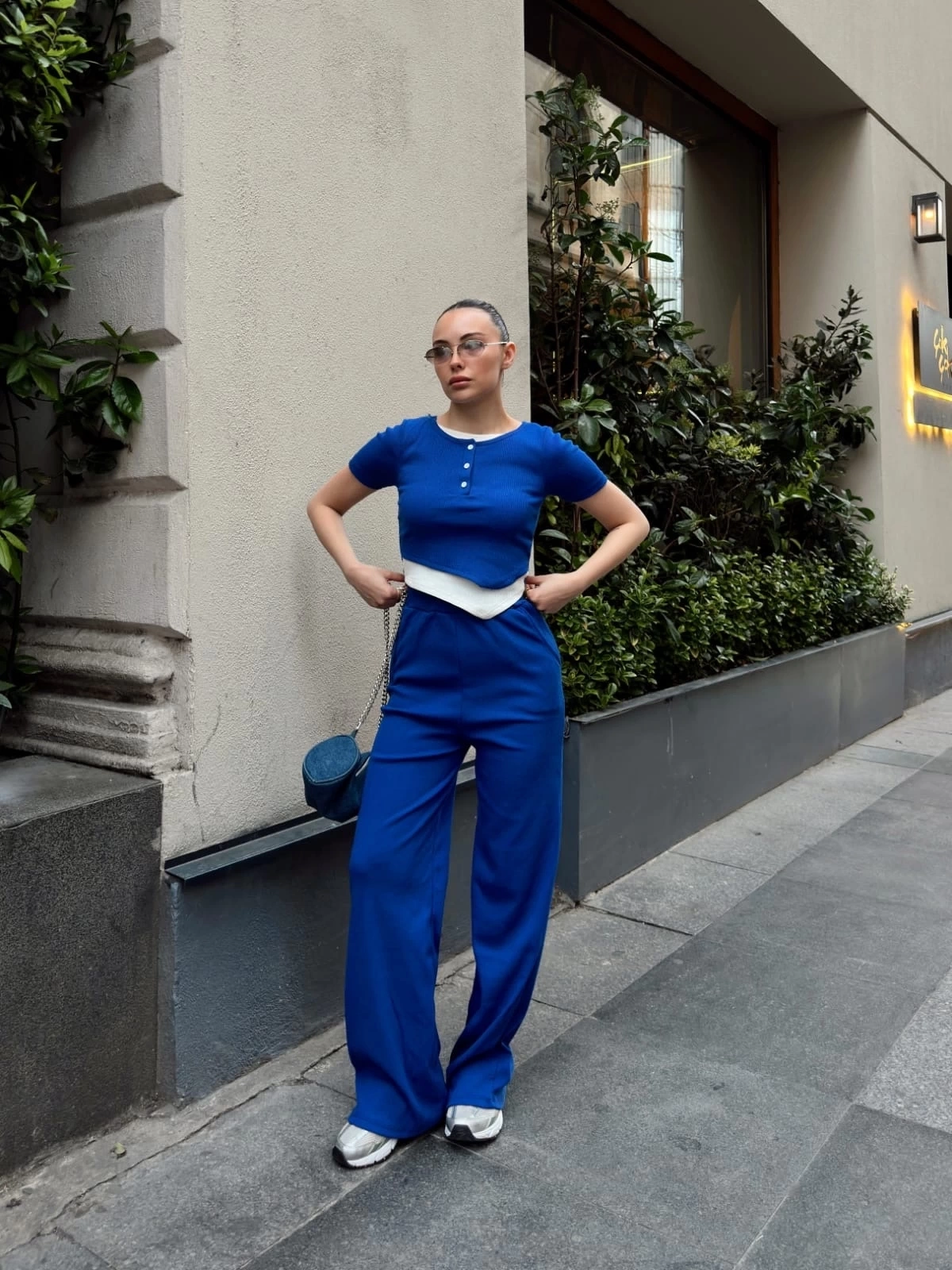 Düğme yakalı saks alt üst takım s3943