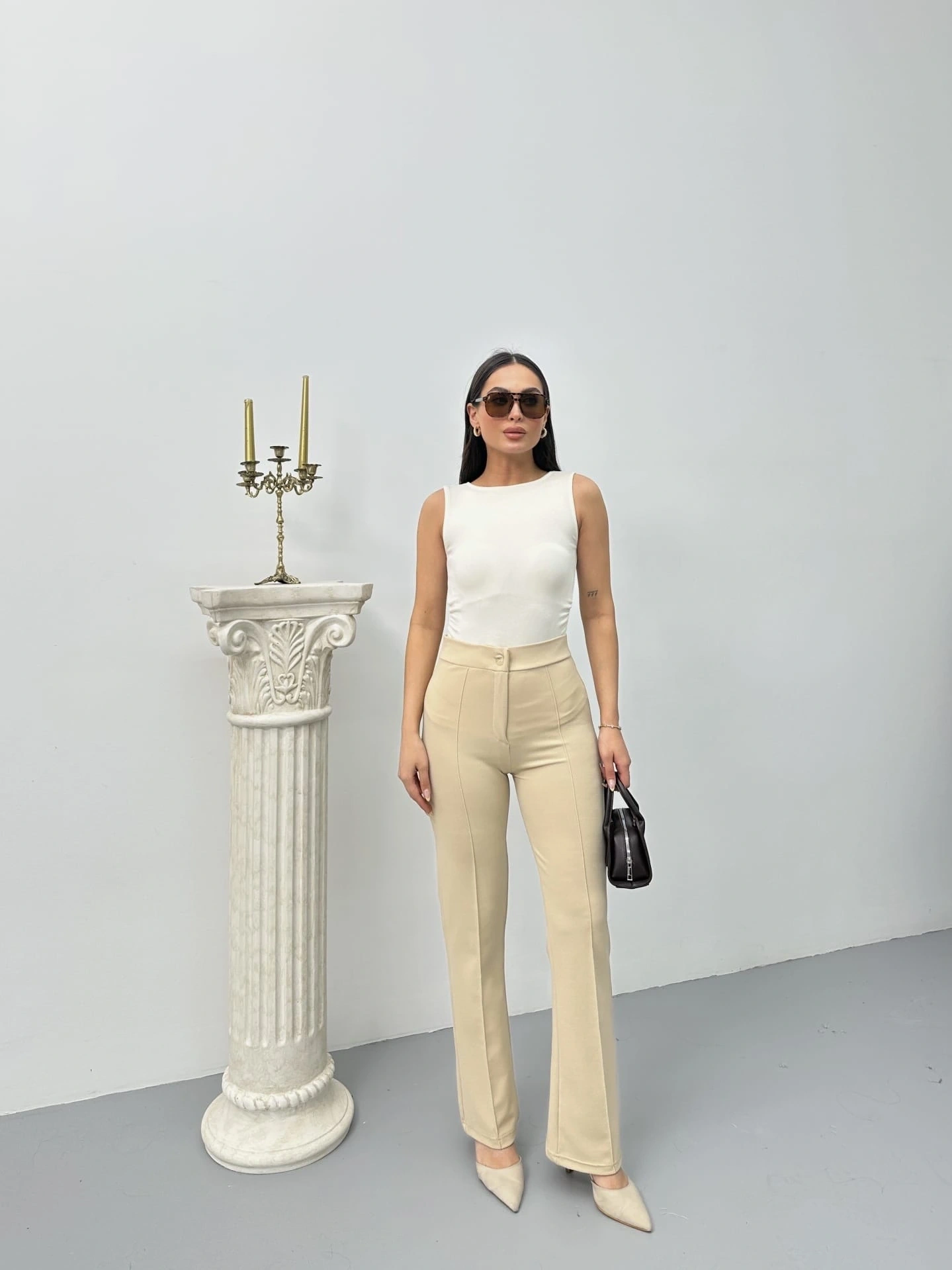 Düğmeli Palazzo pantolon bej p170091