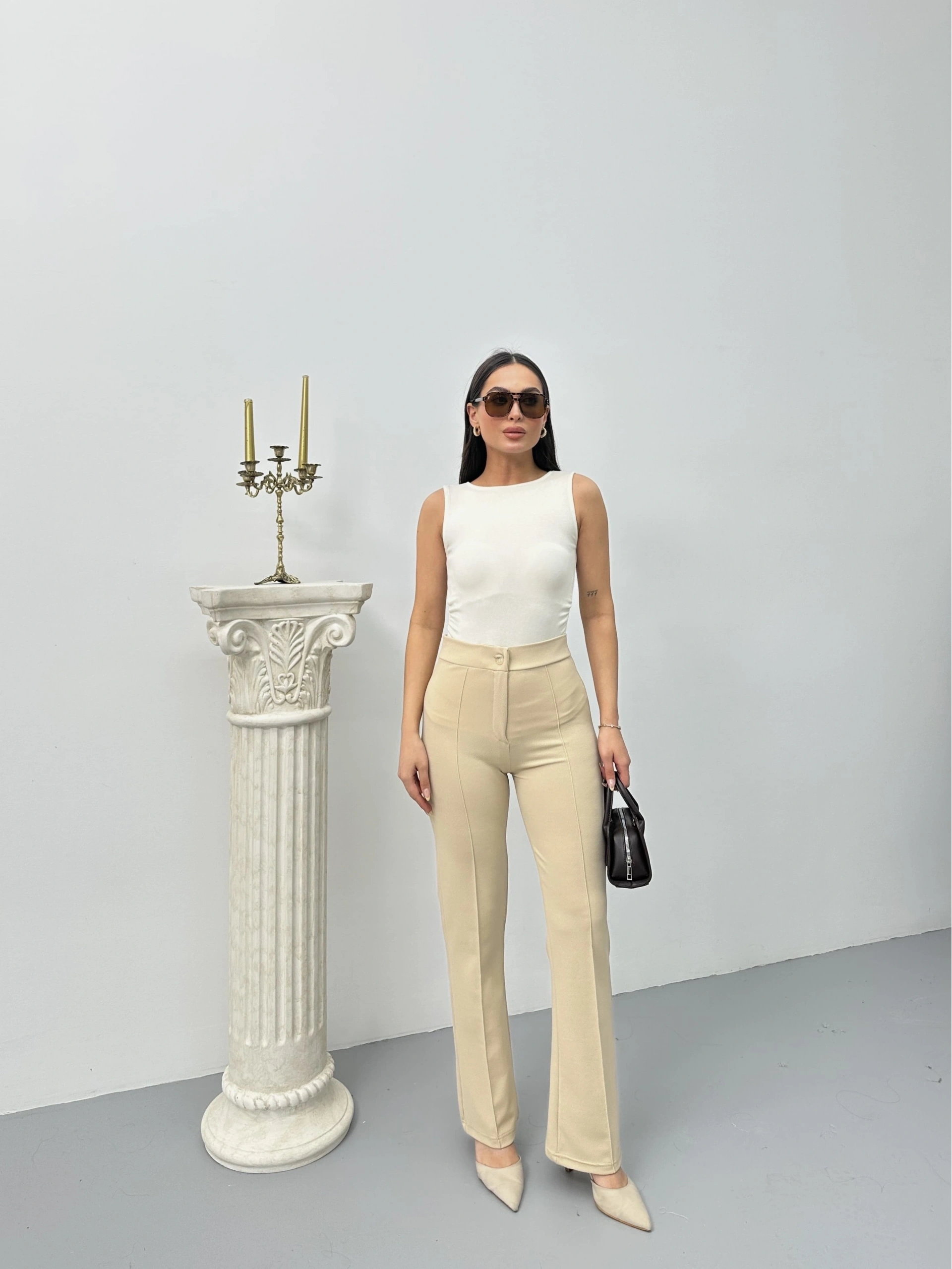 Düğmeli Palazzo pantolon bej p170091