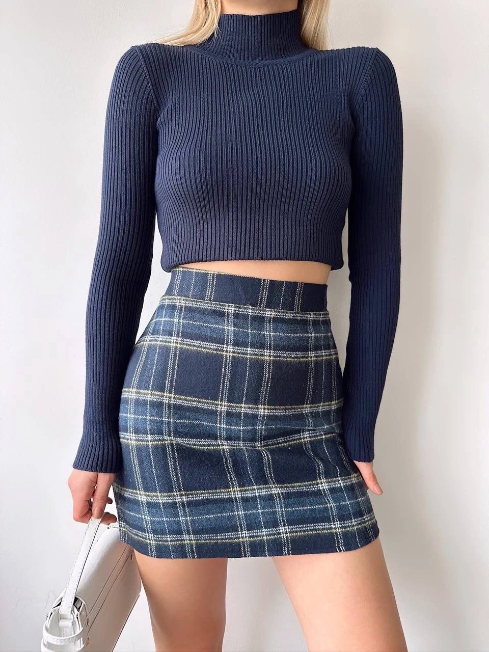 Ekoseli kaşe etek lacivert hf