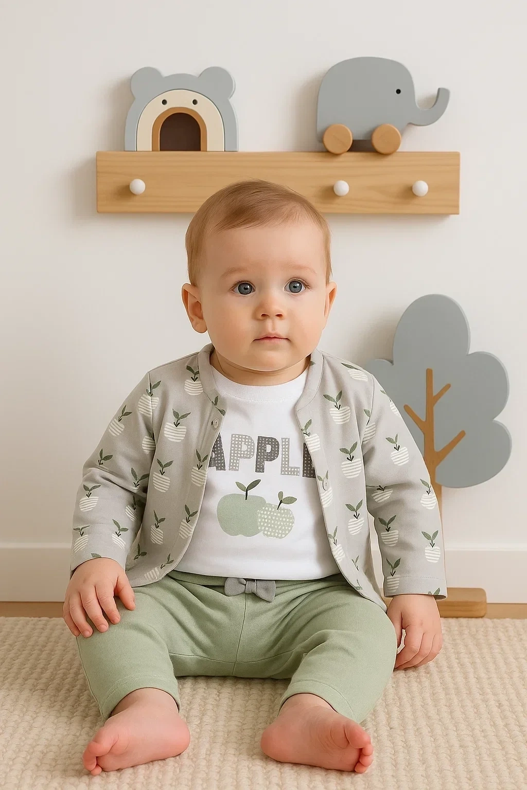 Elma Desenli Ceketli 3lü Kız Bebek Takımı