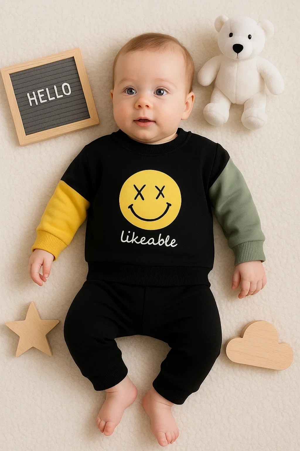 Erkek Bebek Emoji Baskılı Takım % 100 Pamuk