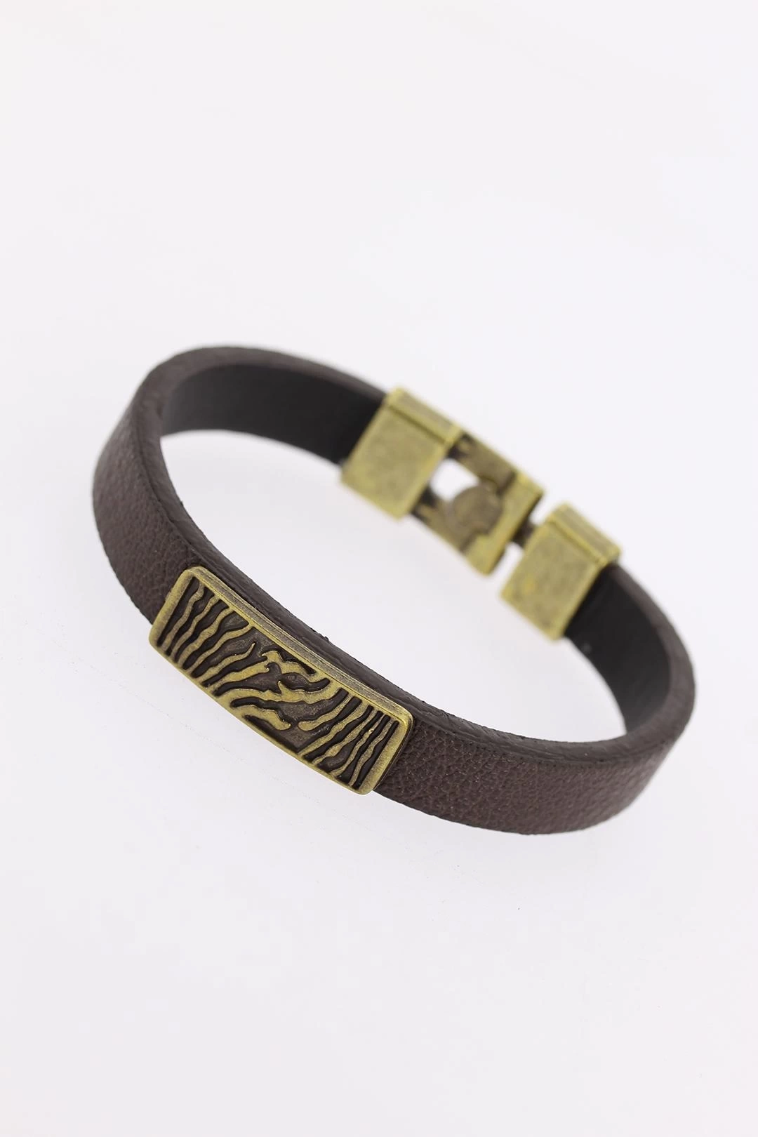 Eskitme Metal Zebra Aksesuarlı Kahverengi Deri Erkek Bileklik