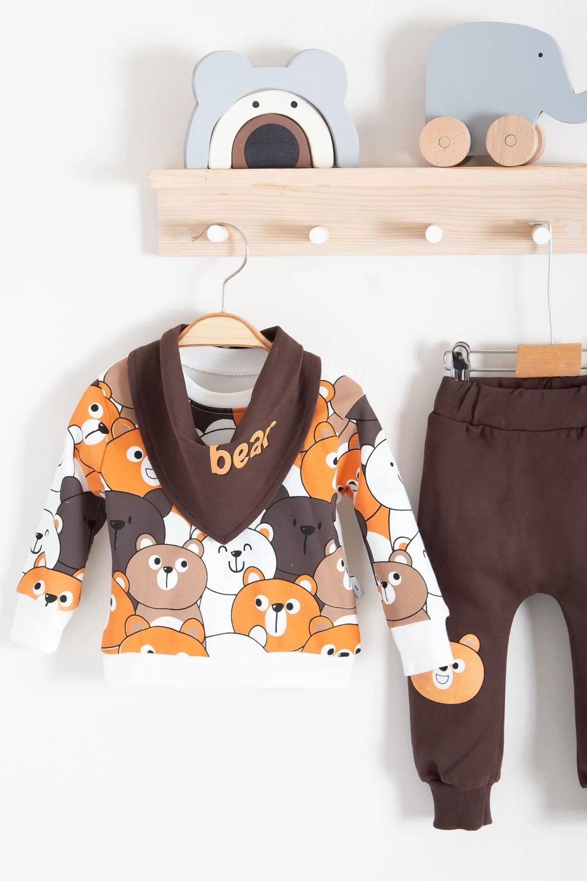 Family Bears Desenli 3lü Fularlı Erkek Bebek Takımı