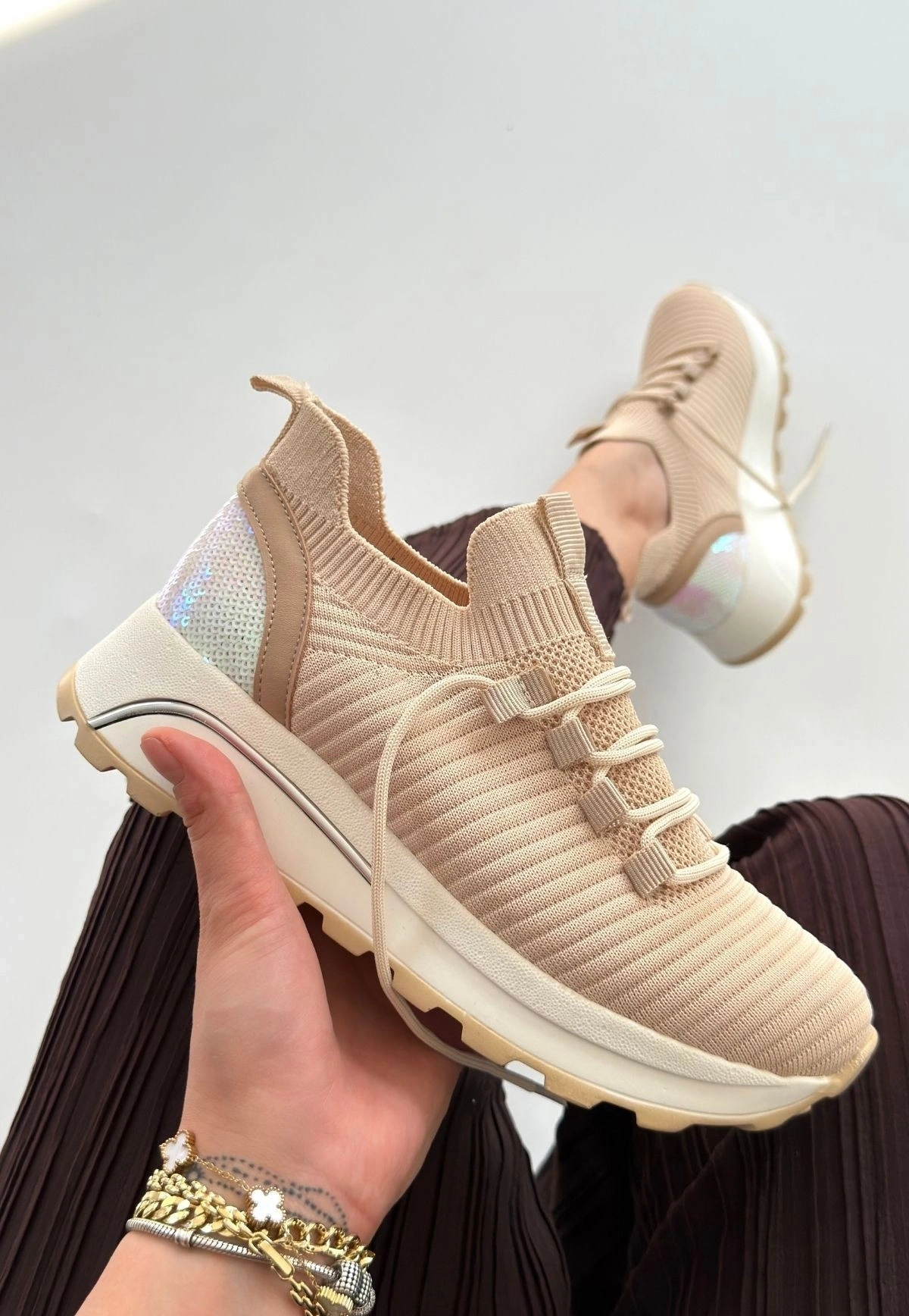 Feort Bej Triko Bağcıklı Spor Ayakkabı