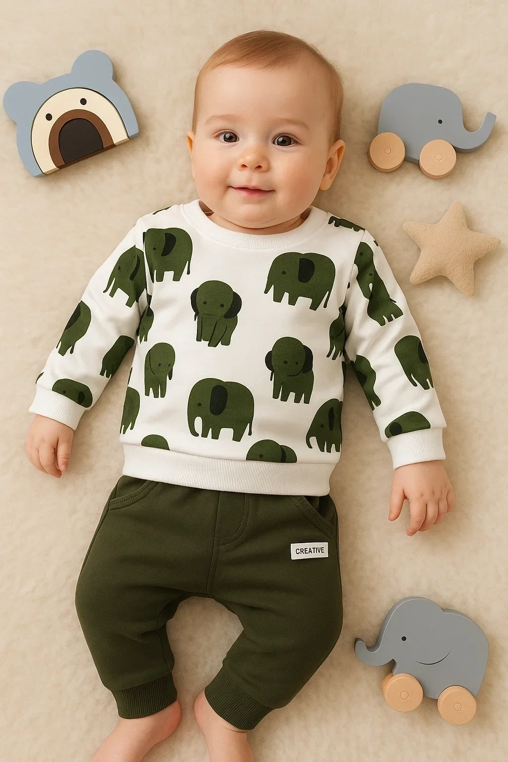Fil Desenli 2li % 100 Pamuk Erkek Bebek Takımı