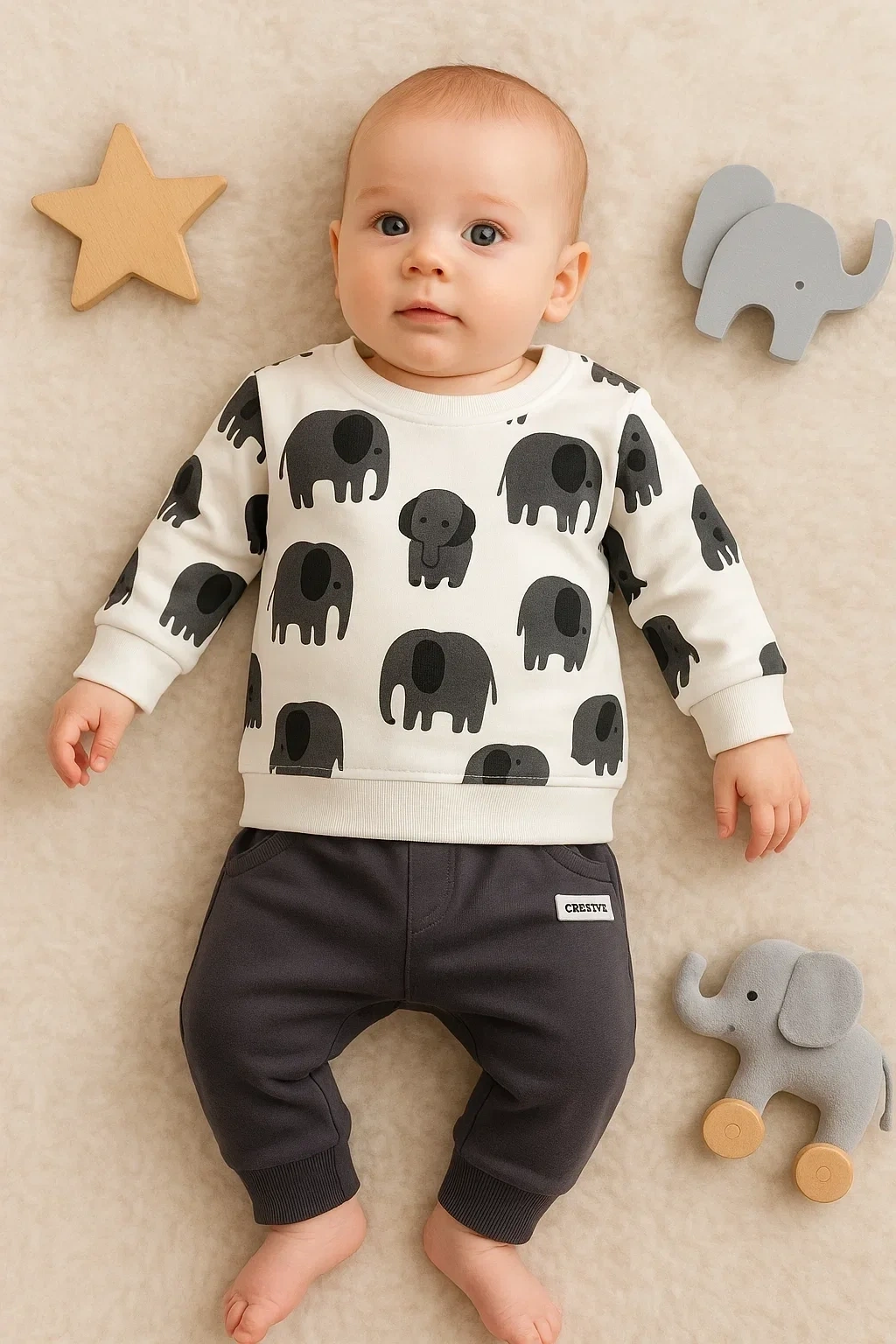 Fil Desenli 2li % 100 Pamuk Erkek Bebek Takımı