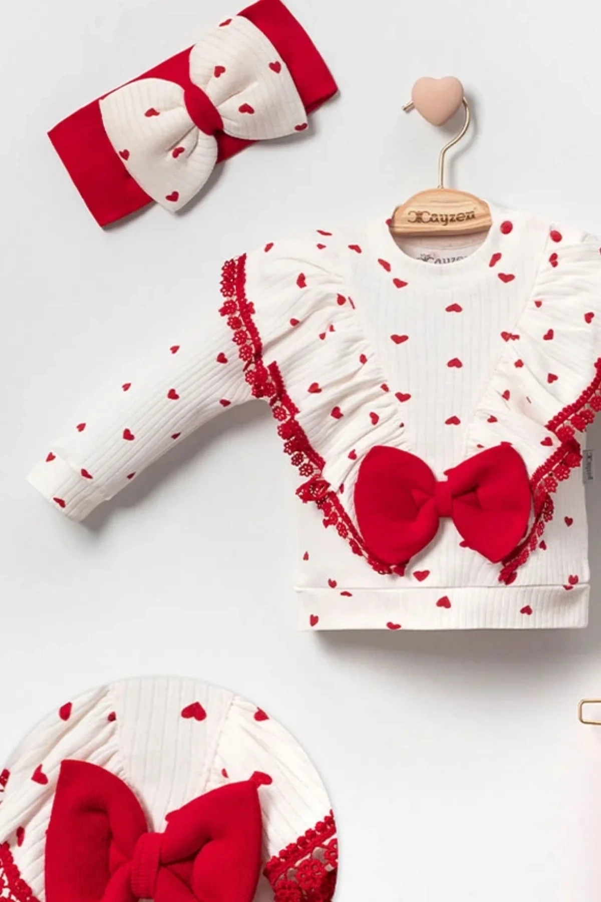 Fiyonklu Kalp Desenli % 100 Pamuk 3lü Kız Takım