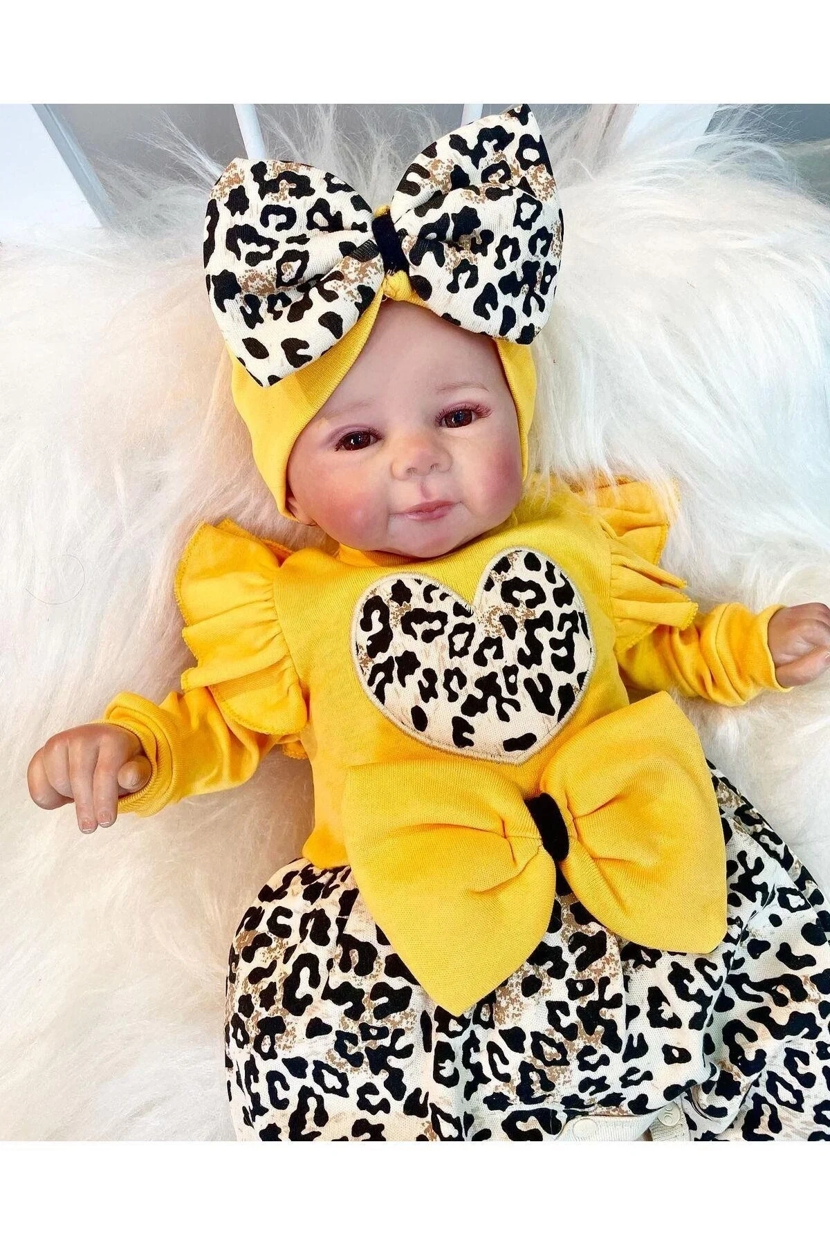 Fiyonklu Leopar Desenli % 100 Pamuk Kız Bebek Takım