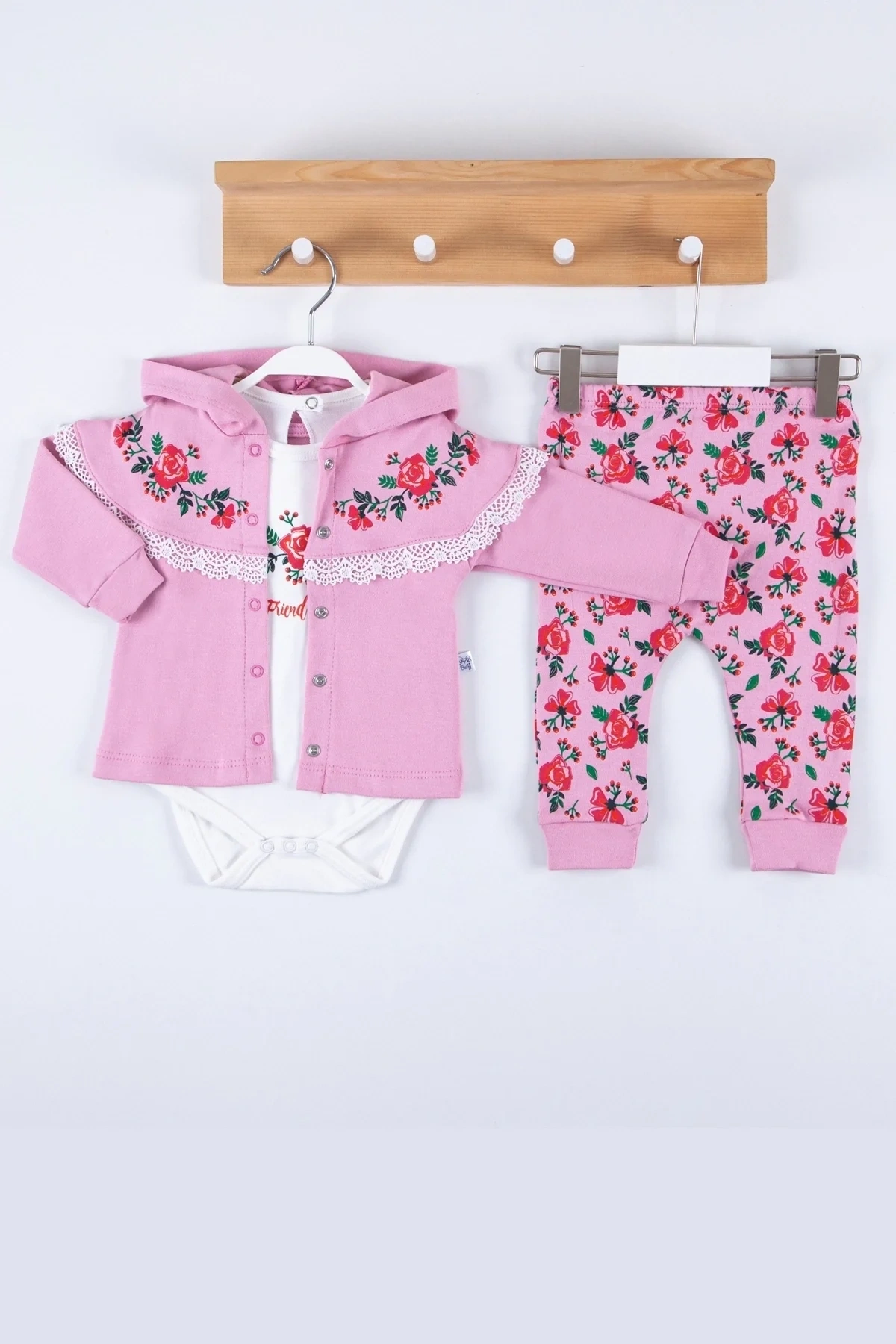 Flover Nakışlı Hırkalı % 100 Pamuk 3lü Kız Takım