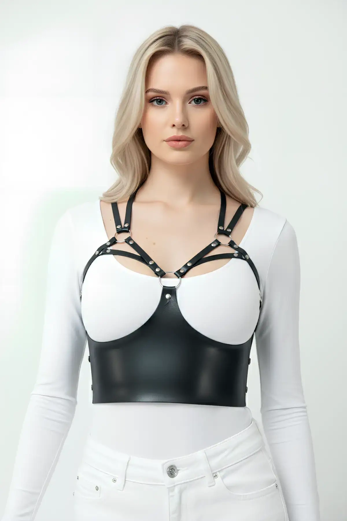 Göğüs Detaylı Deri Harness Büstiyer, Şık Deri Korse - Brf872