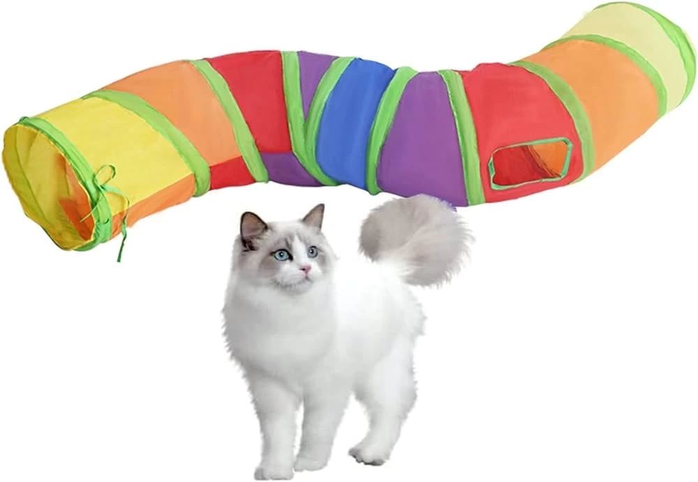Gökkuşağı Desenli S Model Kedi Oyun Tüneli, Katlanabilir 125 cm