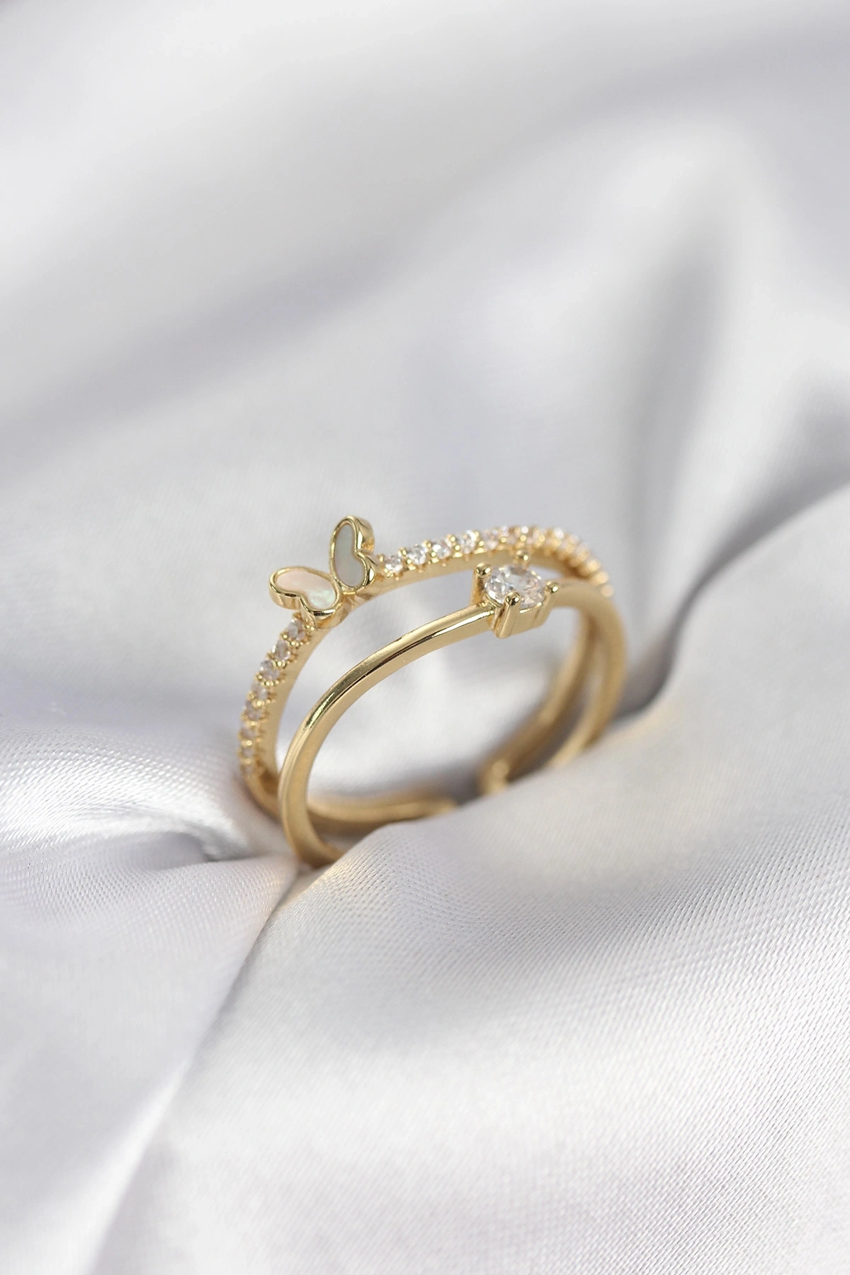 Gold Renk 2li Zirkon Taşlı Kelebek Model Kadın Yüzük