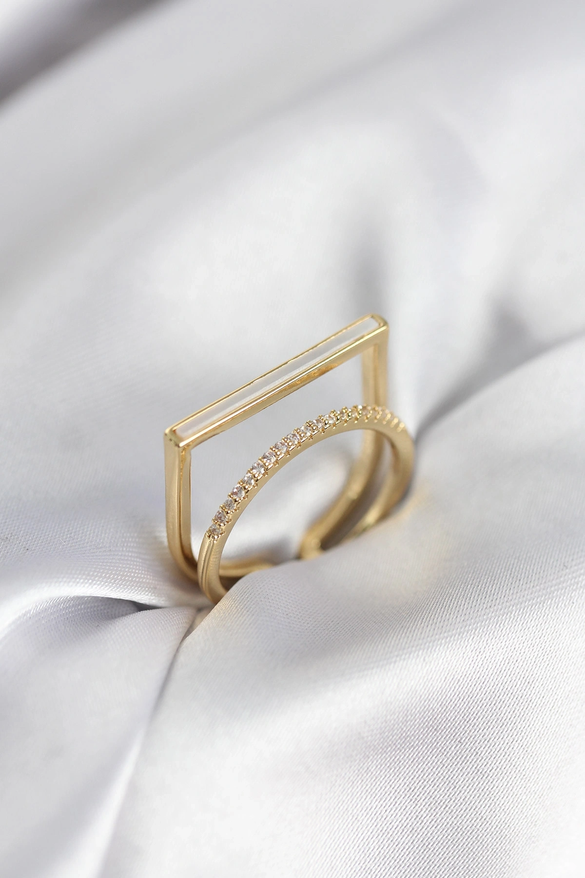 Gold Renk Sedefli Zirkon Taşlı 2li Kadın Yüzük