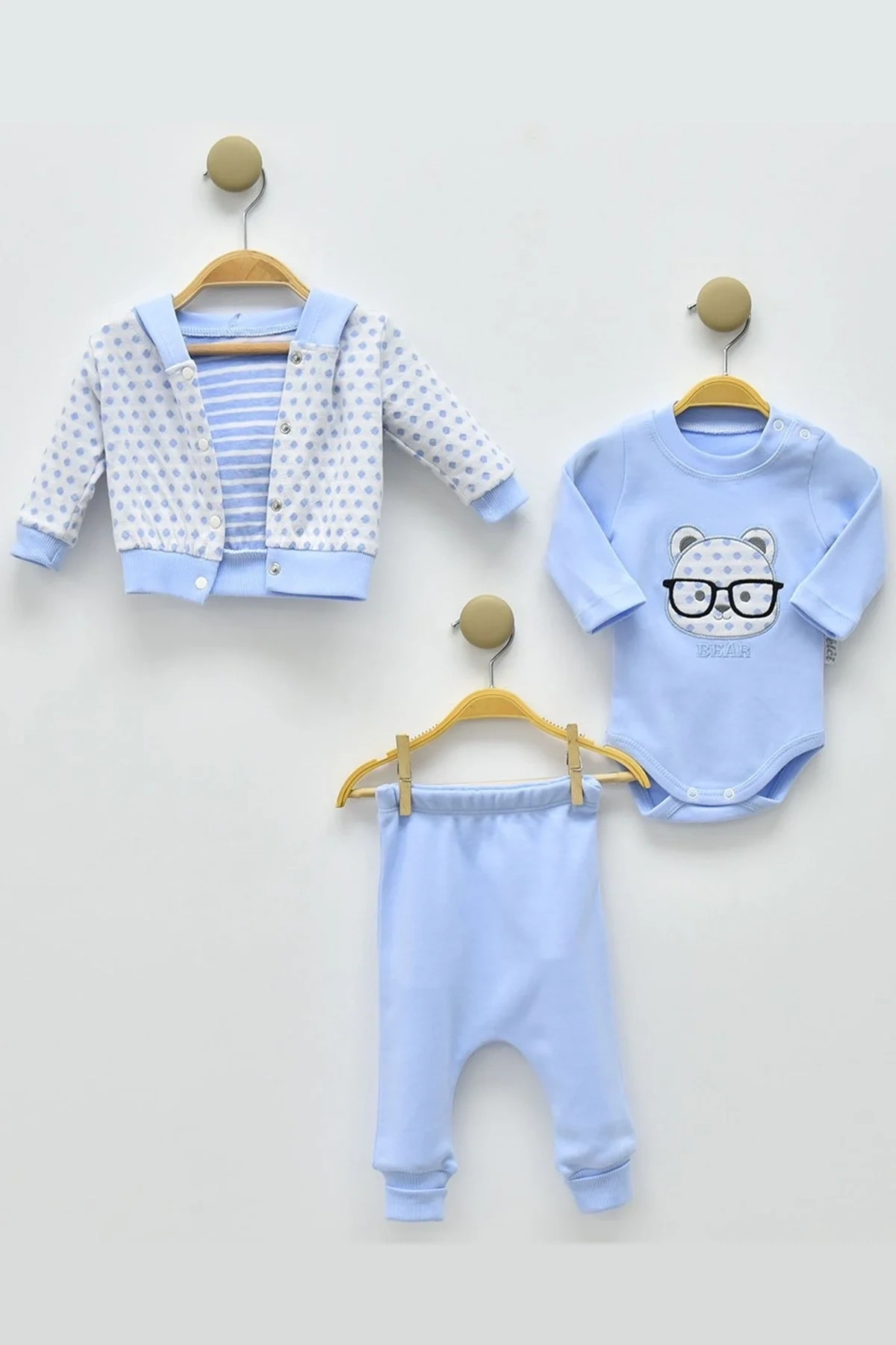 Gözlüklü Bear Puan Desenli 3lü Erkek Bebek Takımı