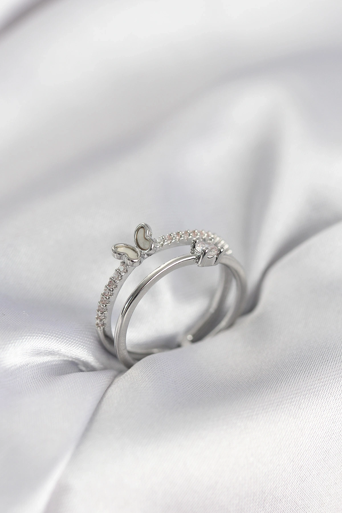 Gümüş Renk 2li Zirkon Taşlı Kelebek Model Kadın Yüzük