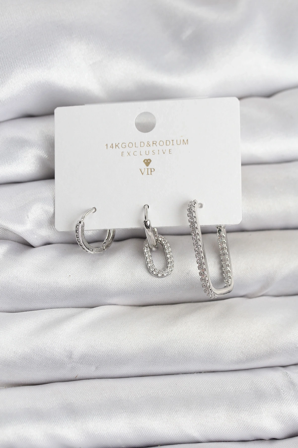 Gümüş Renk Zirkon Taşlı 3lü Kadın Küpe Seti