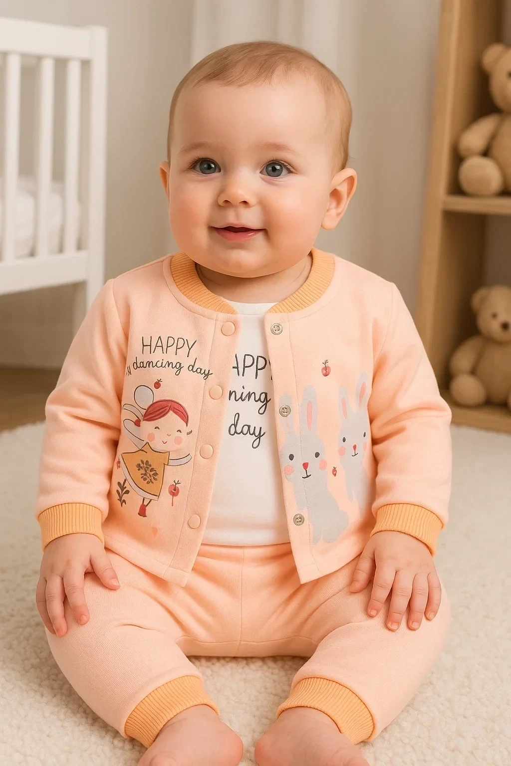 Happy Dancing Desenli 3lü Hırkalı Kız Bebek Takım