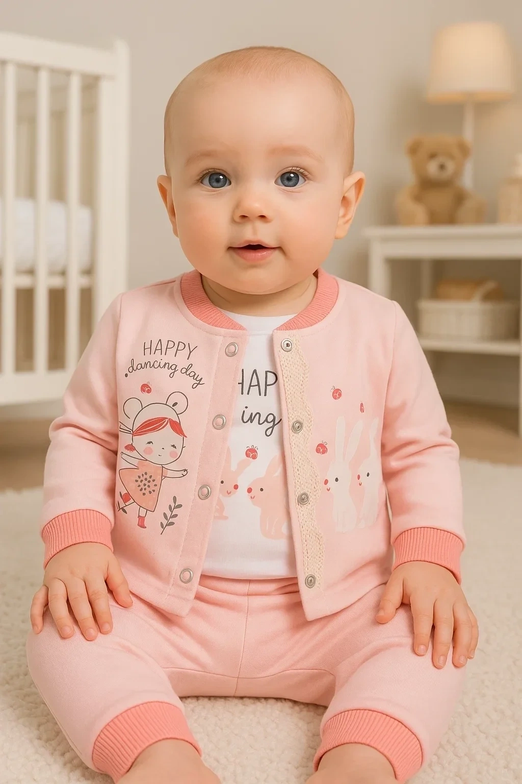 Happy Dancing Desenli 3lü Hırkalı Kız Bebek Takım