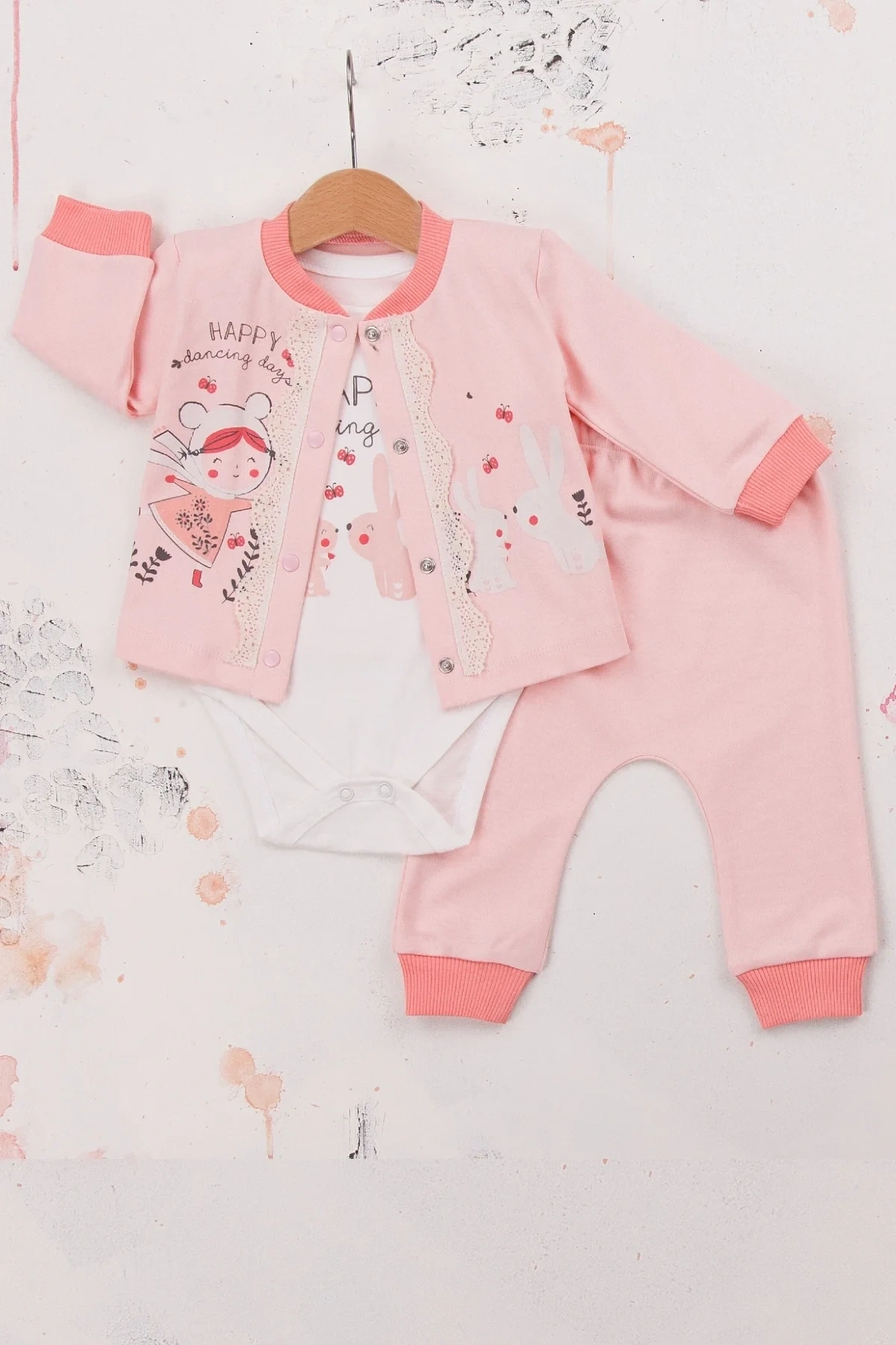 Happy Dancing Desenli 3lü Hırkalı Kız Bebek Takım