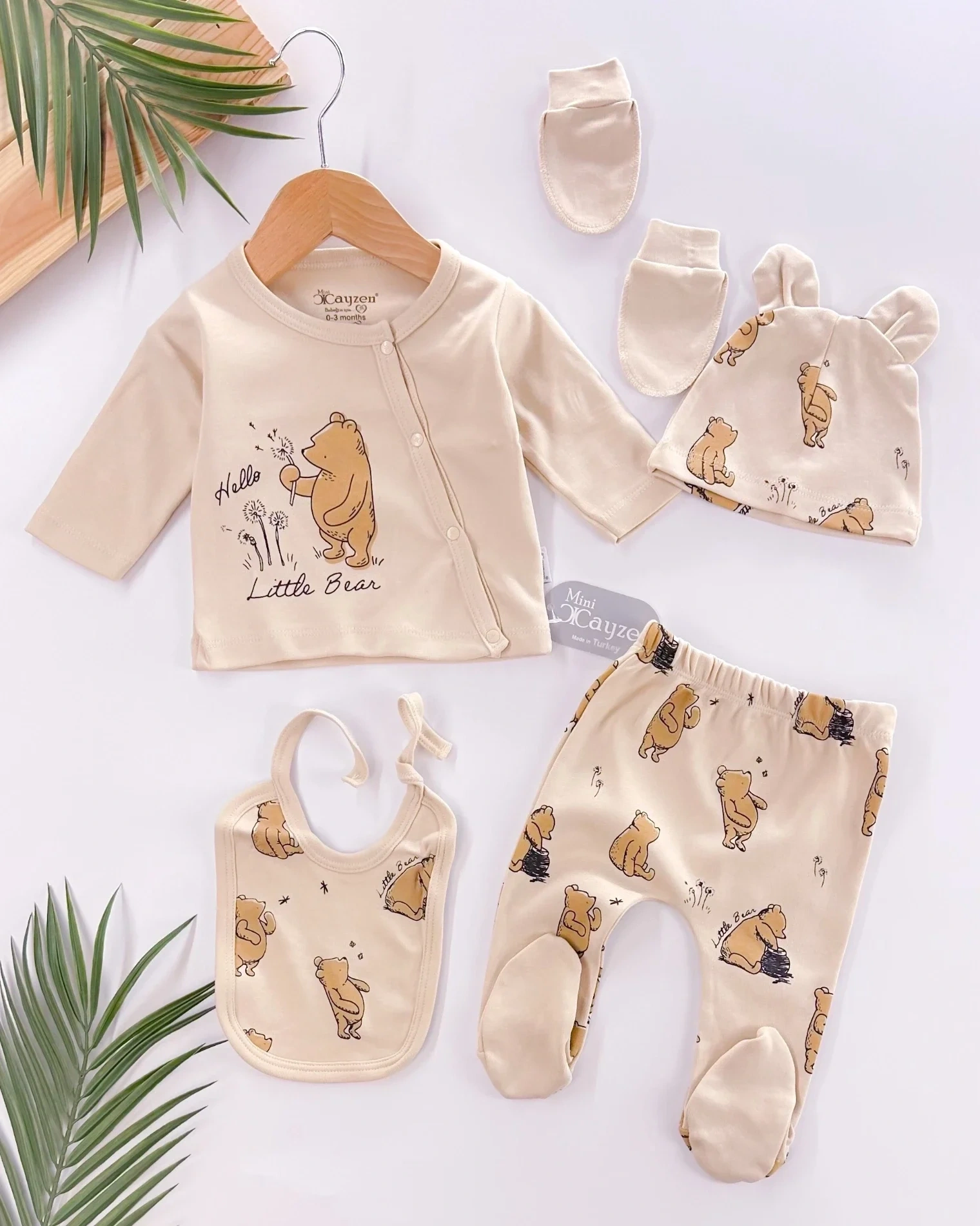 Hello Little Bear Baskılı 5 Parça %100 Pamuk Erkek Bebek Hastane Çıkışı
