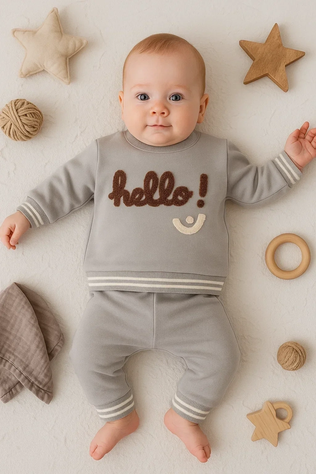 Hello Nakışlı % 100 Pamuk 2li Erkek Bebek Takım