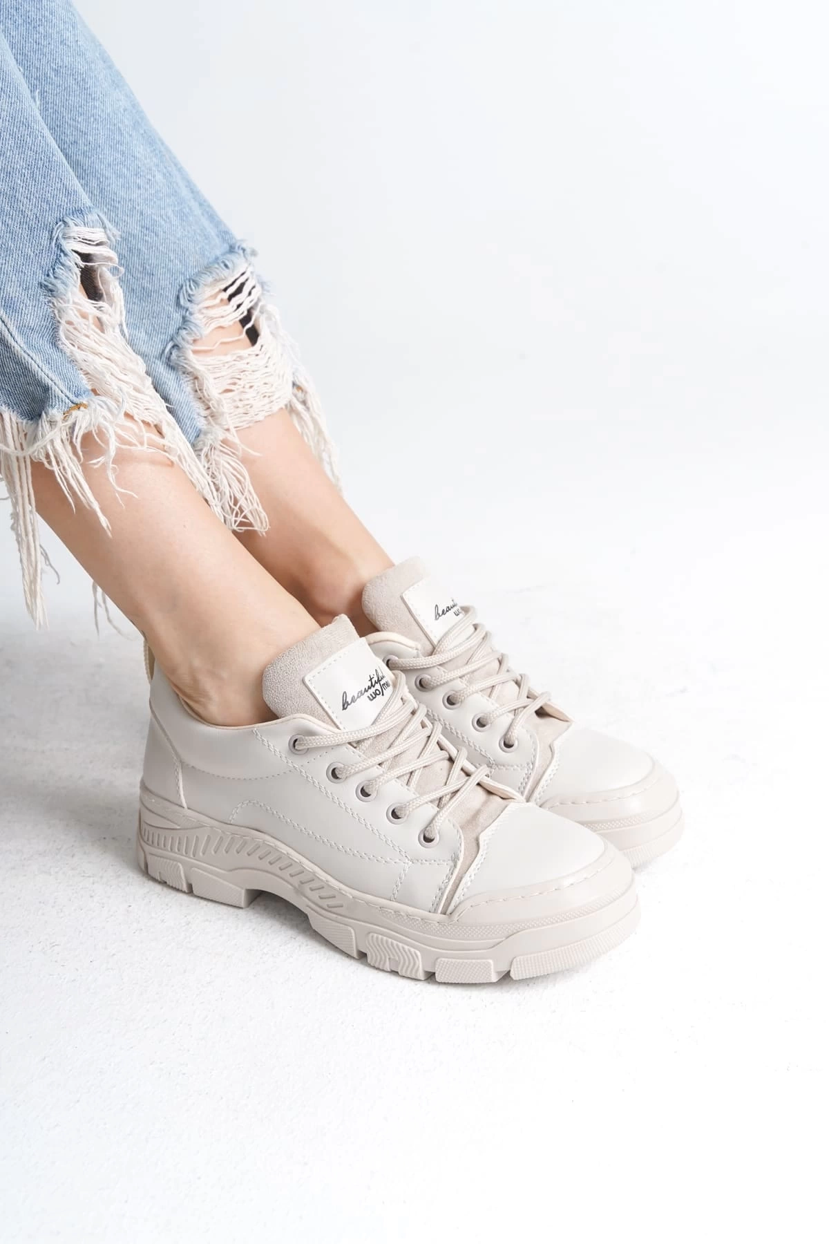 JANE Bağcıklı Ortopedik Taban Kadın Sneaker Spor Ayakkabı  KT - Krem