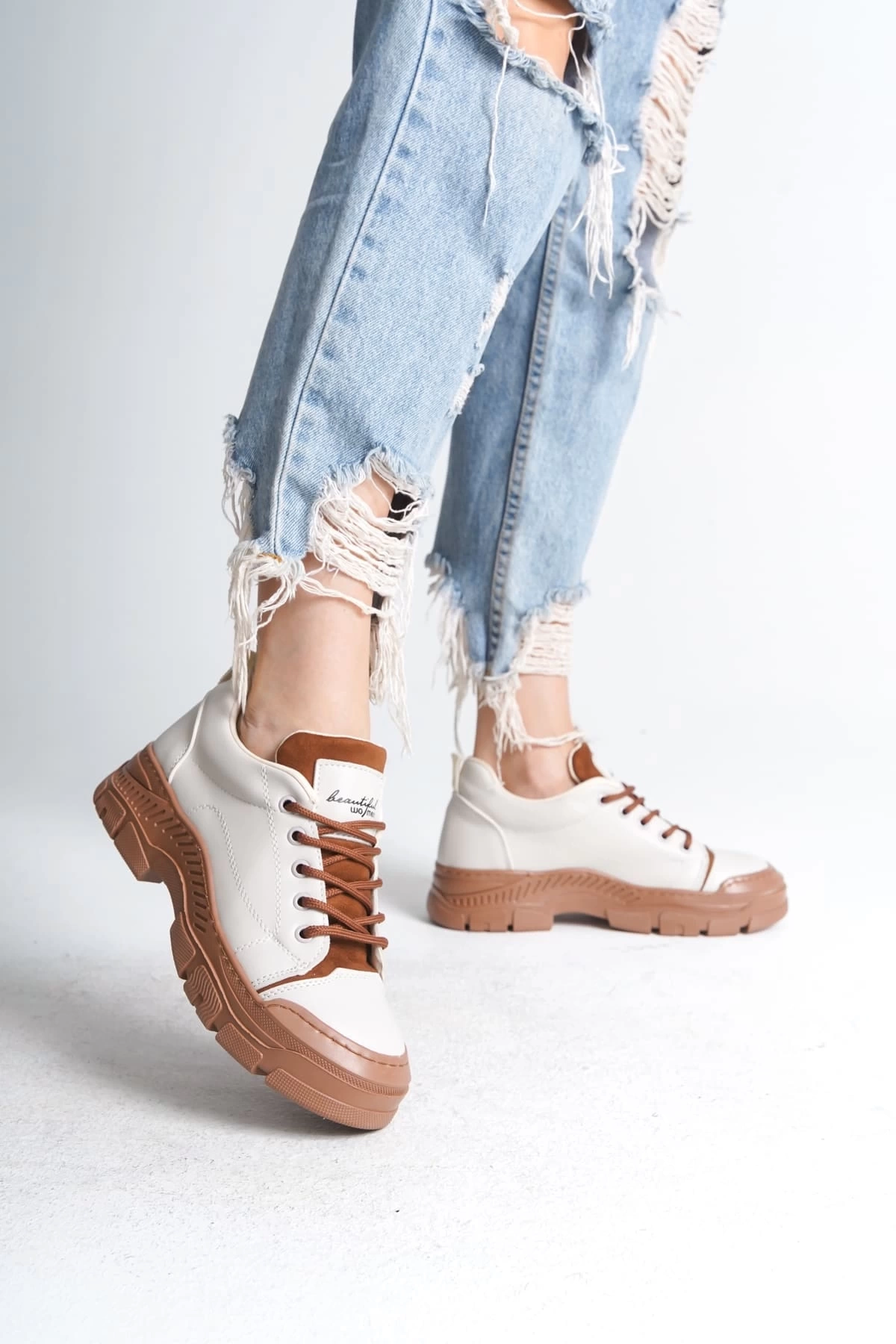 JANE Bağcıklı Ortopedik Taban Kadın Sneaker Spor Ayakkabı  TT - Krem