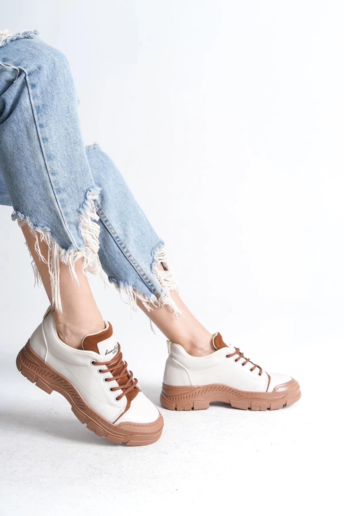 JANE Bağcıklı Ortopedik Taban Kadın Sneaker Spor Ayakkabı  TT - Krem