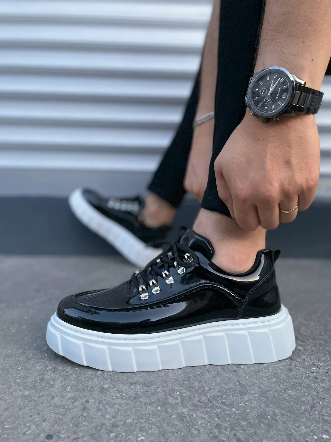 JY010 Cloud Bağcıklı Rugan Erkek Günlük Sneaker Ayakkabı RBT - Siyah
